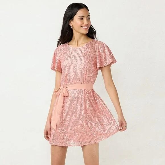 LC Lauren Conrad Pink Peach Sequin Flutter Sleeve Mini Party Dress Large NEW