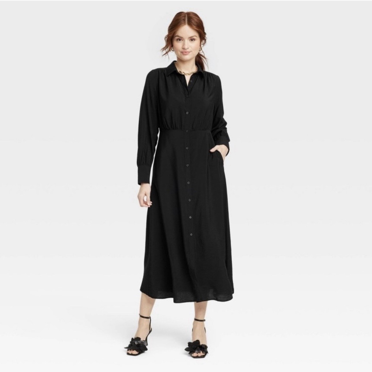 Women’s Black Collared Button-Front Long Sleeve Midi Shirt Dress Pockets M