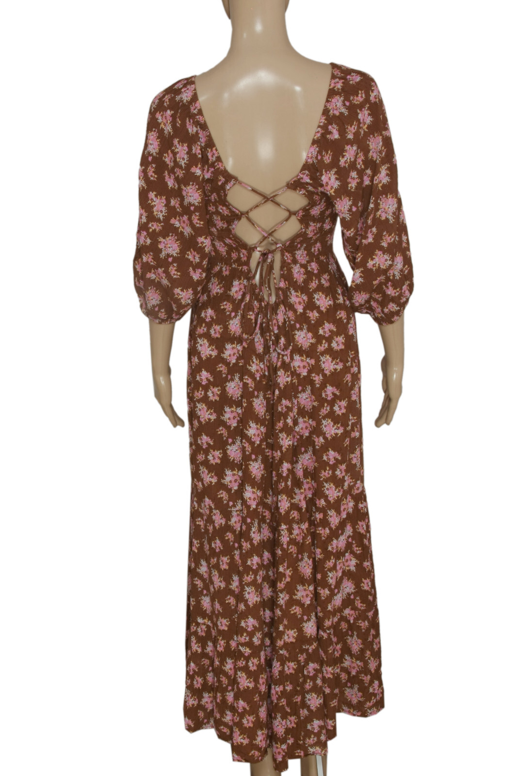 UO Lottie Chocolate Floral Tie-Back Midi Dress Printed Smocked Puff Sleeve S NEW