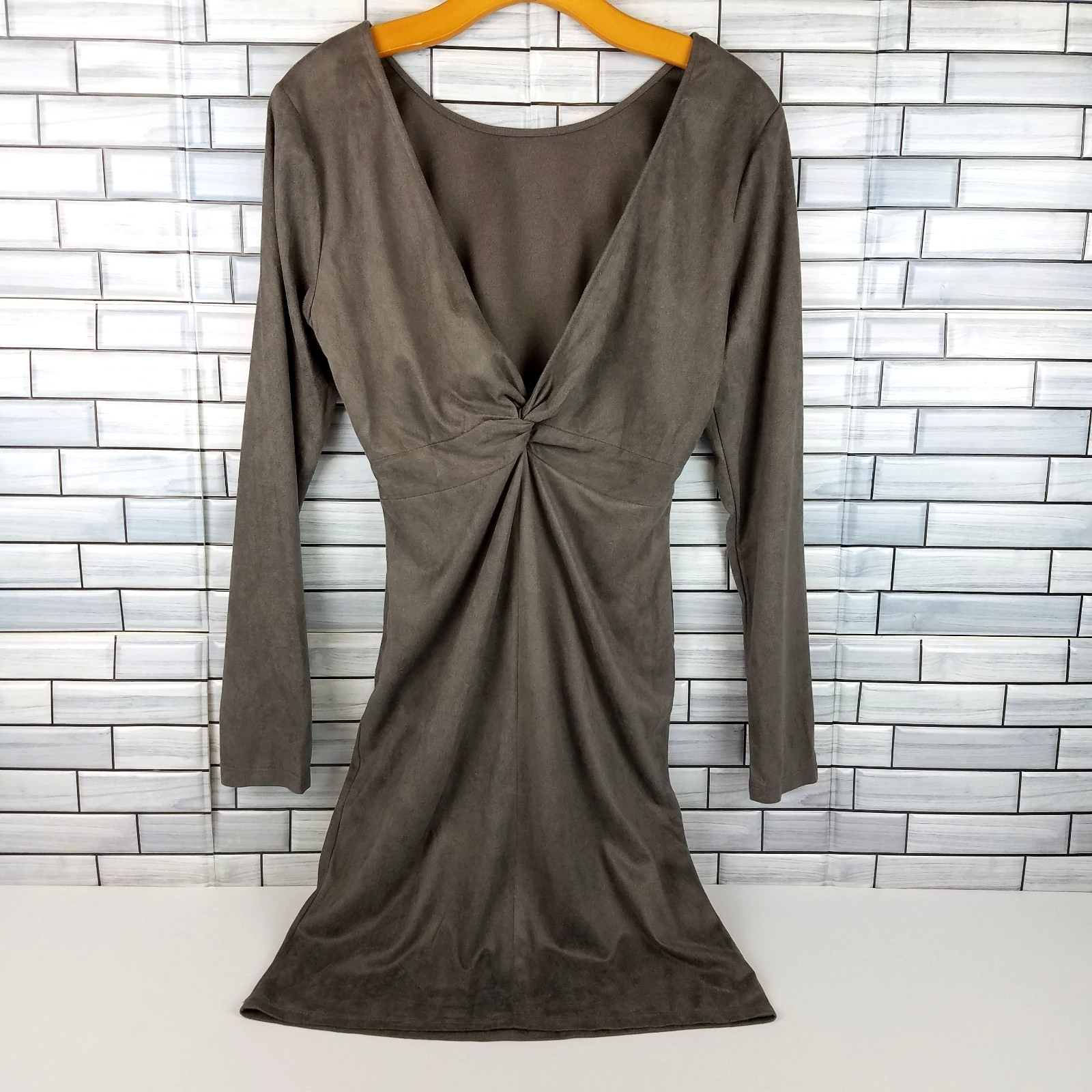 Favlux Fashion Dress Womens L Taupe Faux Suede Wrap Look Body Con Long Sleeve