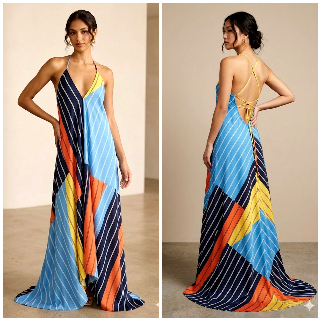WORTH New York Hallia Silk Striped Lace Up Back Asymmetric Hem Maxi Dress New S