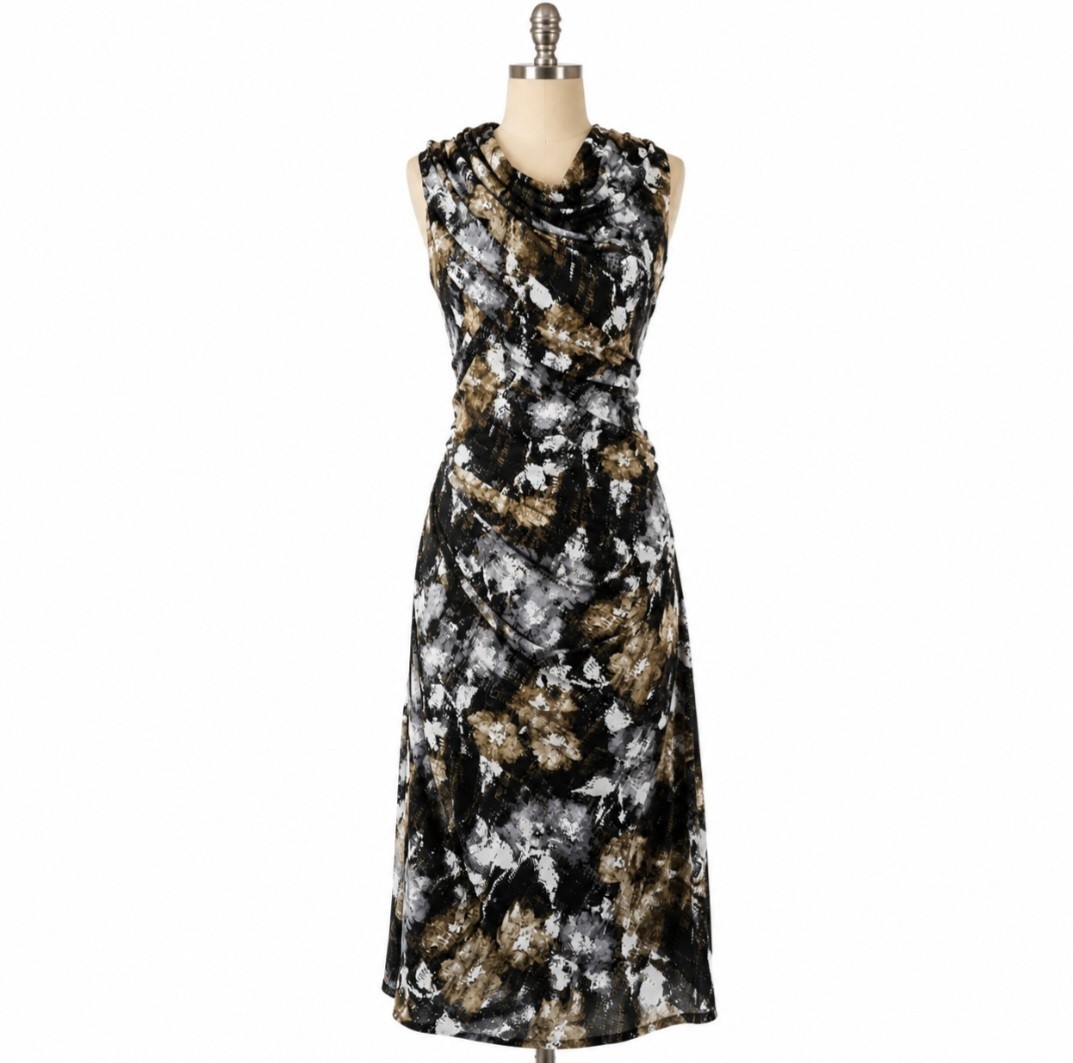 Suzi Chin Womens 8 Ruched Midi Dress Abstract Print Cowl Neck Stretch USA