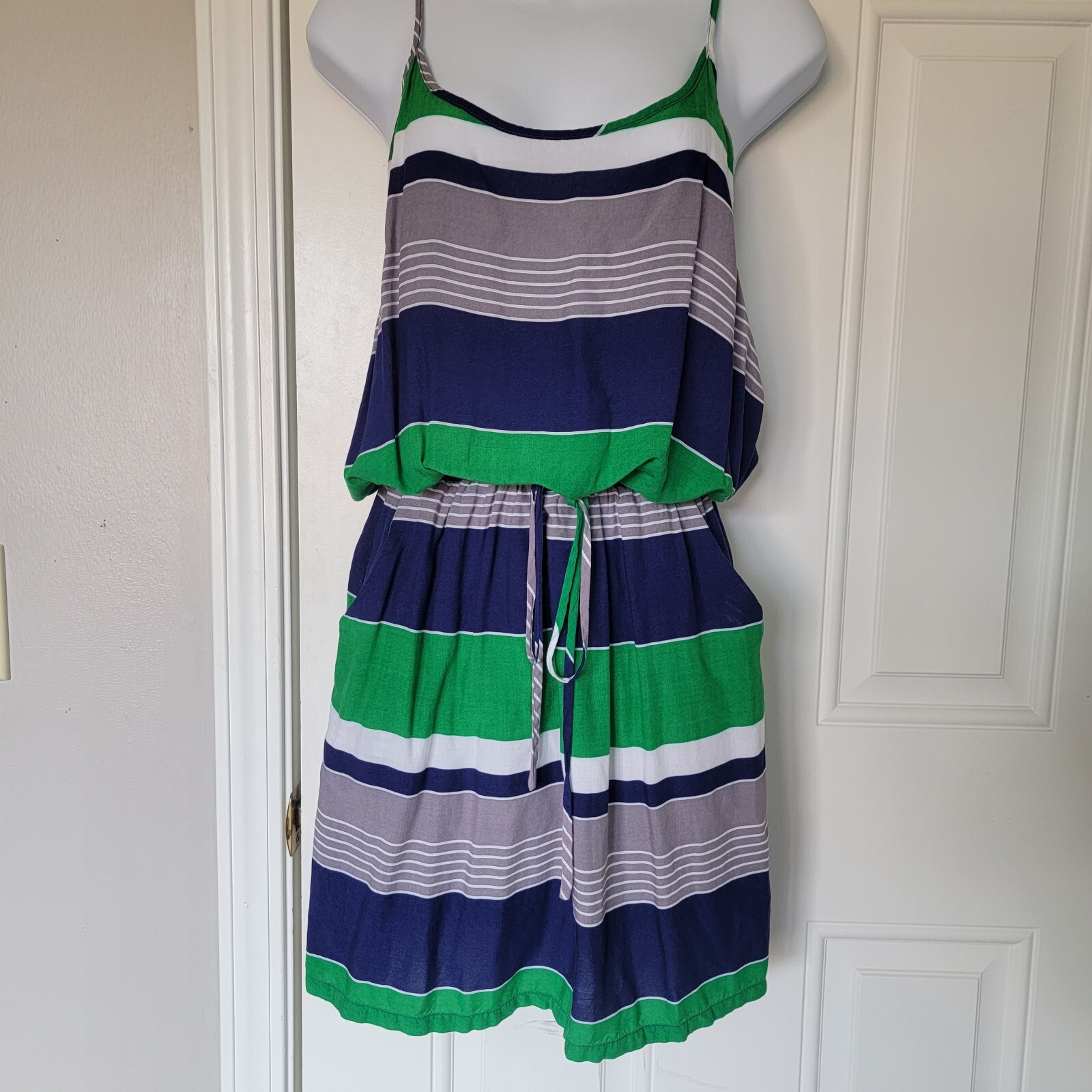 Banana Republic Navy Green White Striped Sundress Beach Preppy Travel Size Small