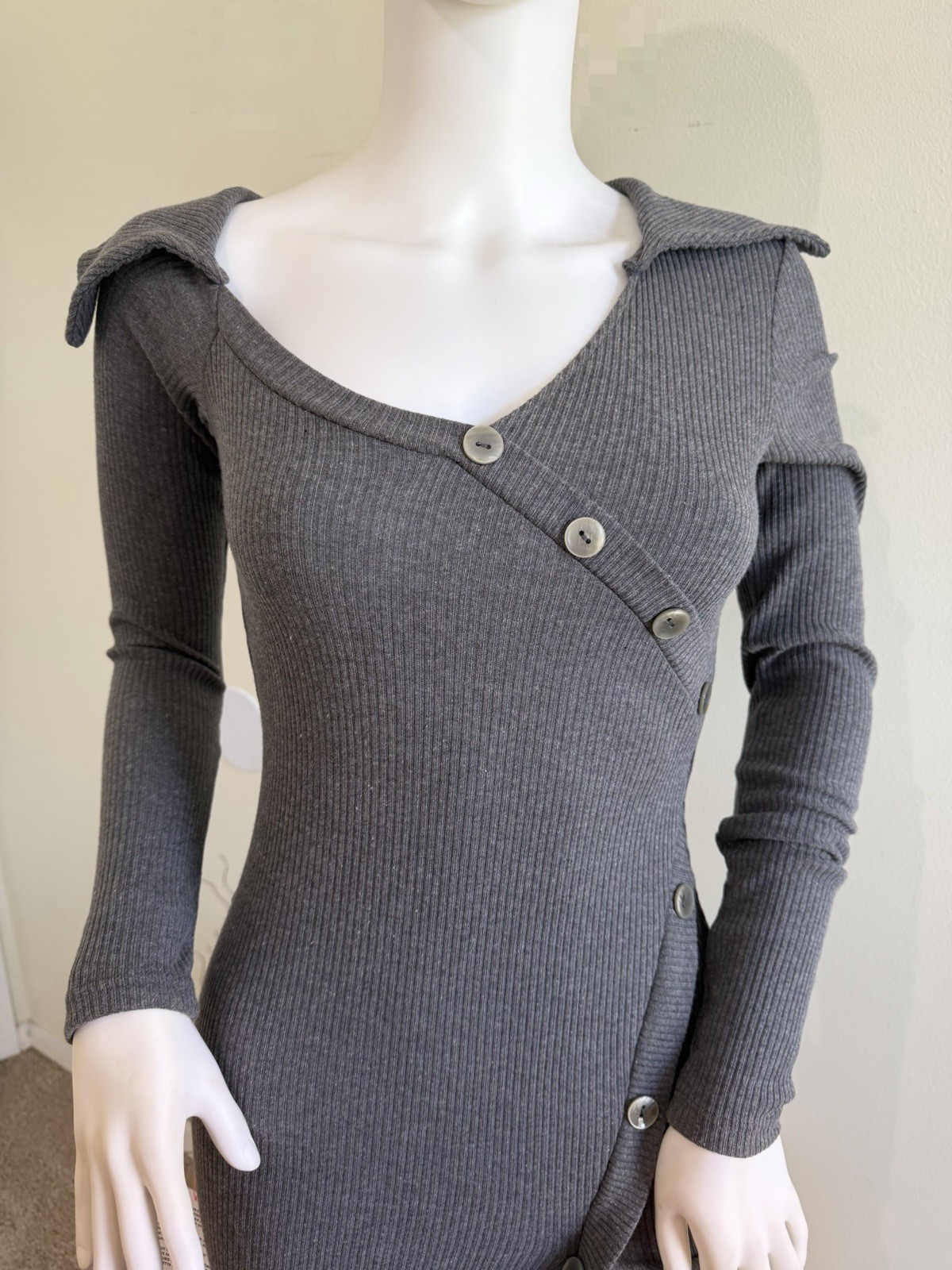 ASOS DESIGN Gray Ribbed Knit Button Wrap Front V-Neck Bodycon Mini Dress 2