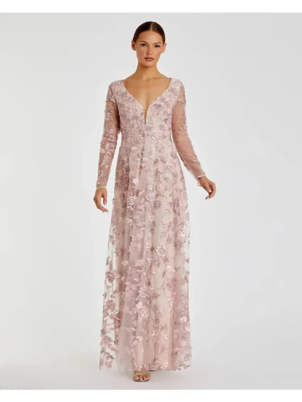 Mac Duggal 70224 Floral Applique Long Sleeve Illusion Gown Rose Pink Size 12 NWT