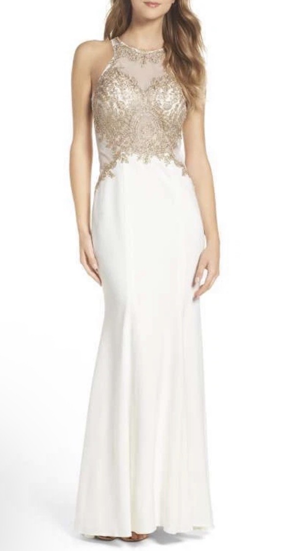 Xscape Embellished Jersey Mesh Mermaid Ivory/Gold Dress Size 6 Formal Gown