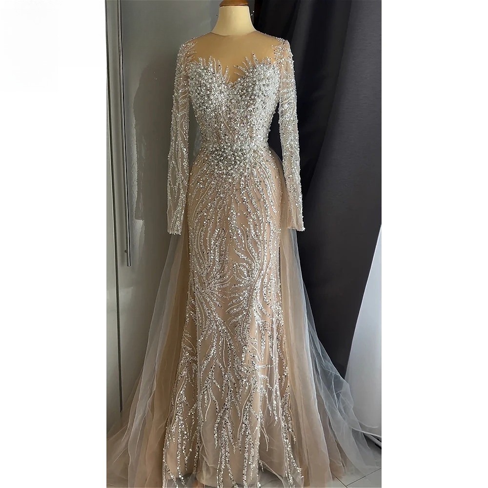 Illusion Neck Long Sleeve Beaded Mermaid Tulle Overskirt Evening Gown Train