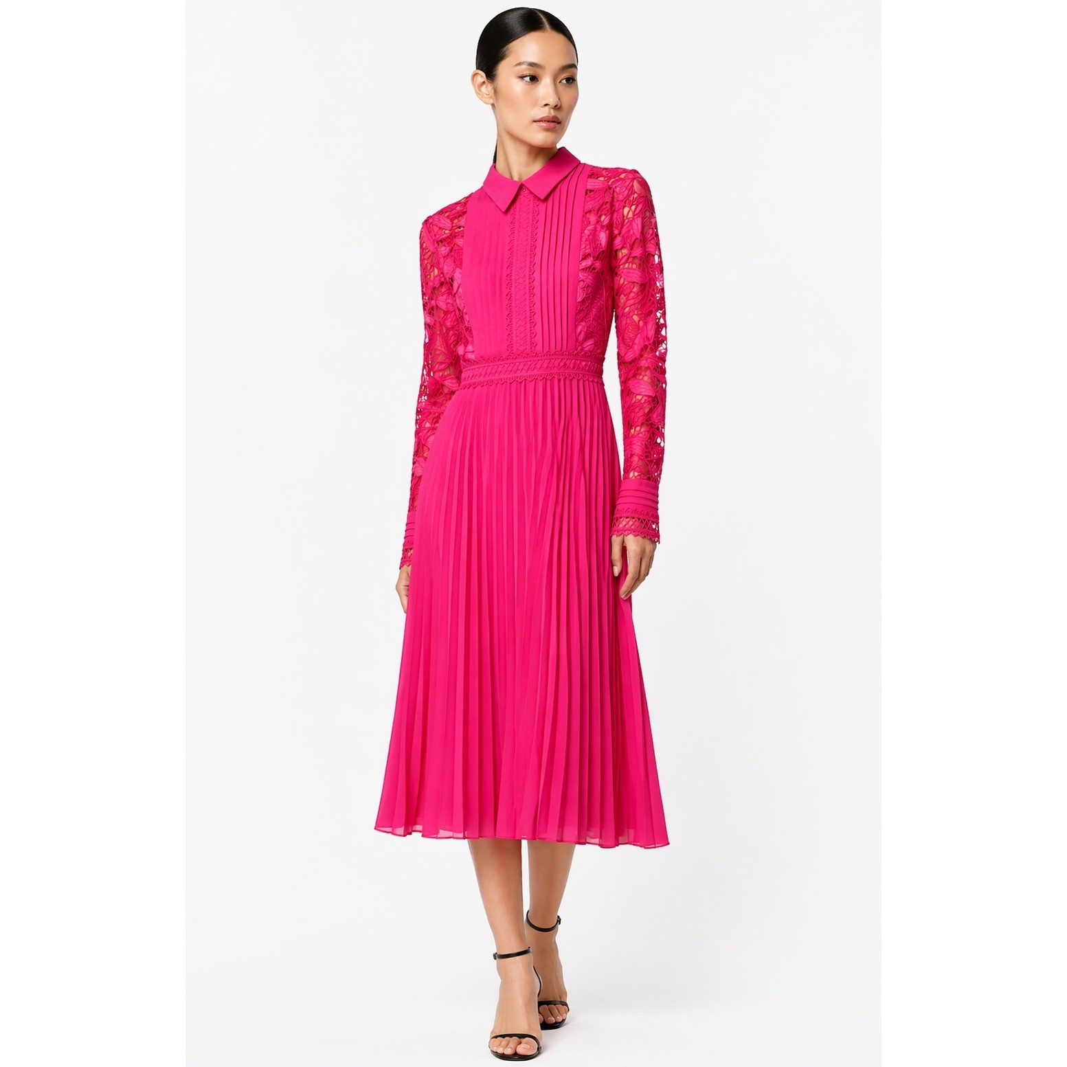 Coast Pink Lace Pleated Midi Dress Long Sleeve Collared Fuchsia US 10 NEW