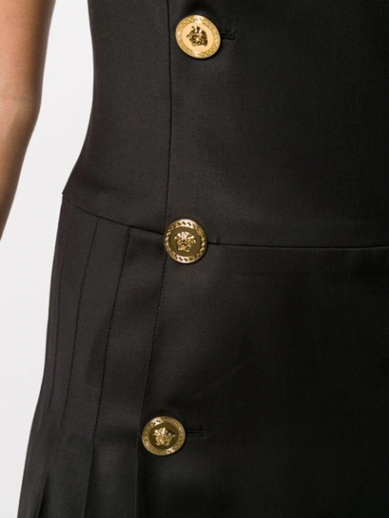 Versace Medusa Logo Button Black Lace Strappy LBD Cocktail Dress US 0 IT 36