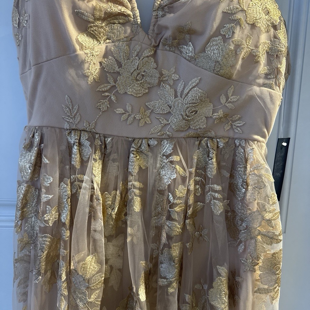 Jump Beige Gold Floral Embroidered Tulle V-Neck Maxi Dress Juniors 7/8
