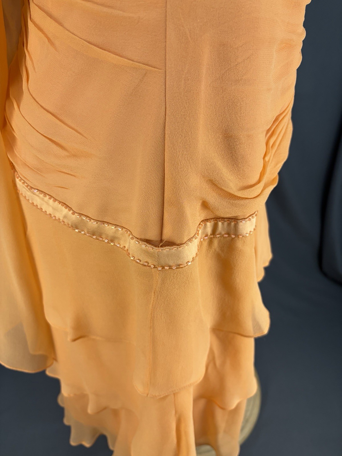 VTG CAILAN’D Orange Beaded Ruffled Midi Dress Size 16 with Matching Neck Scarf