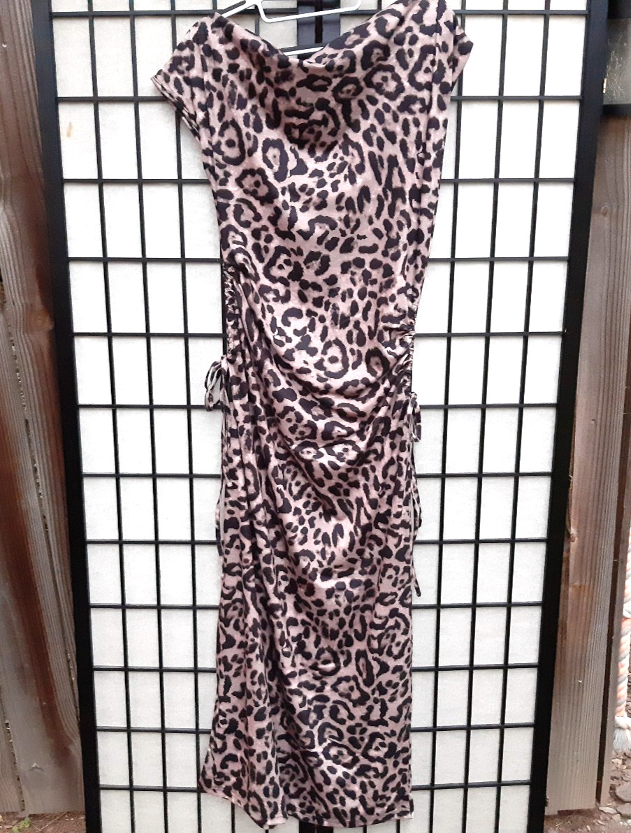 Leopard Print Ruched, Drawstring Sides Bodycon Maxi Dress , Cap sleeve (M) NWOT