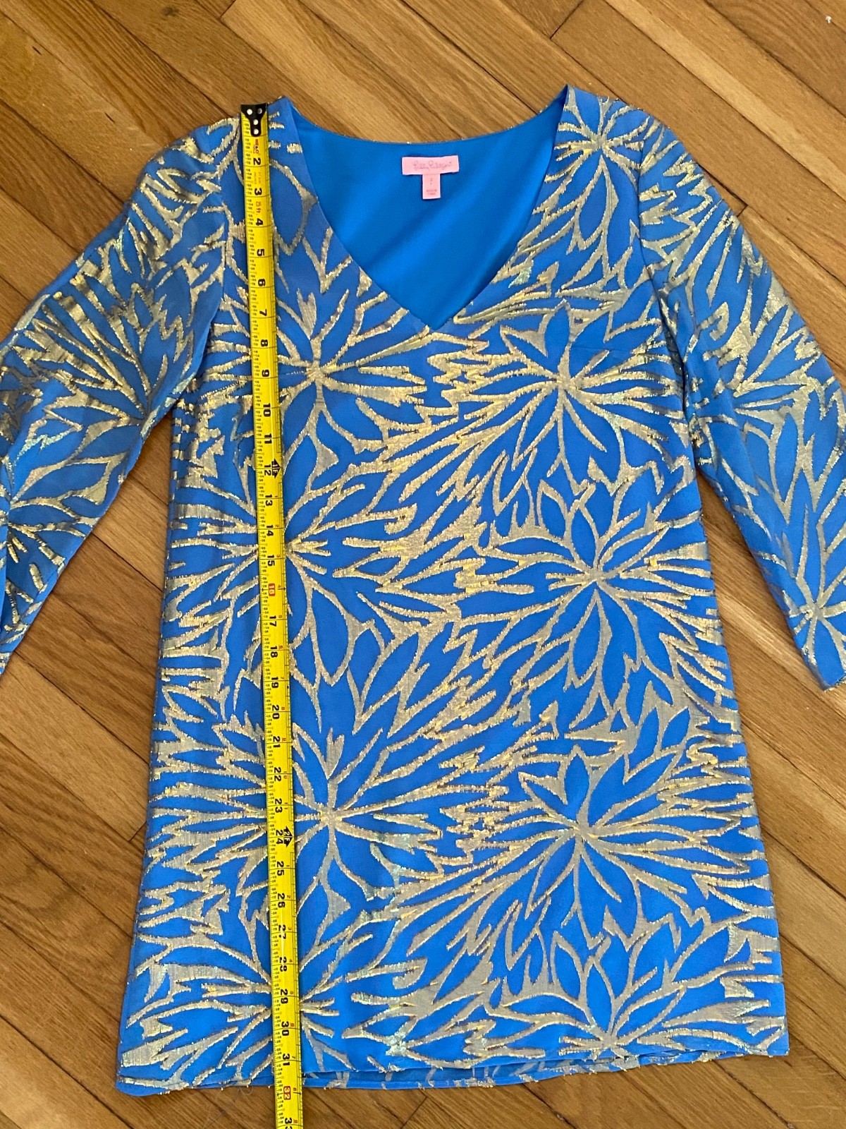 Lilly Pulitzer Siza Two Blue and Gold Thread Miri Silk Long Sleeve Mini Dress