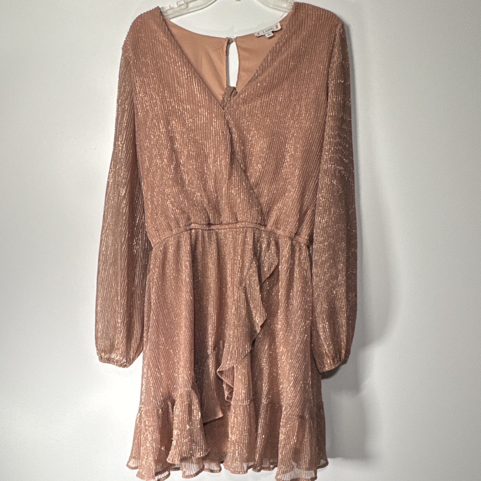I Love Pink Glitter Wrap Dress V-Neck Long Sleeve Ruffle Short Size L