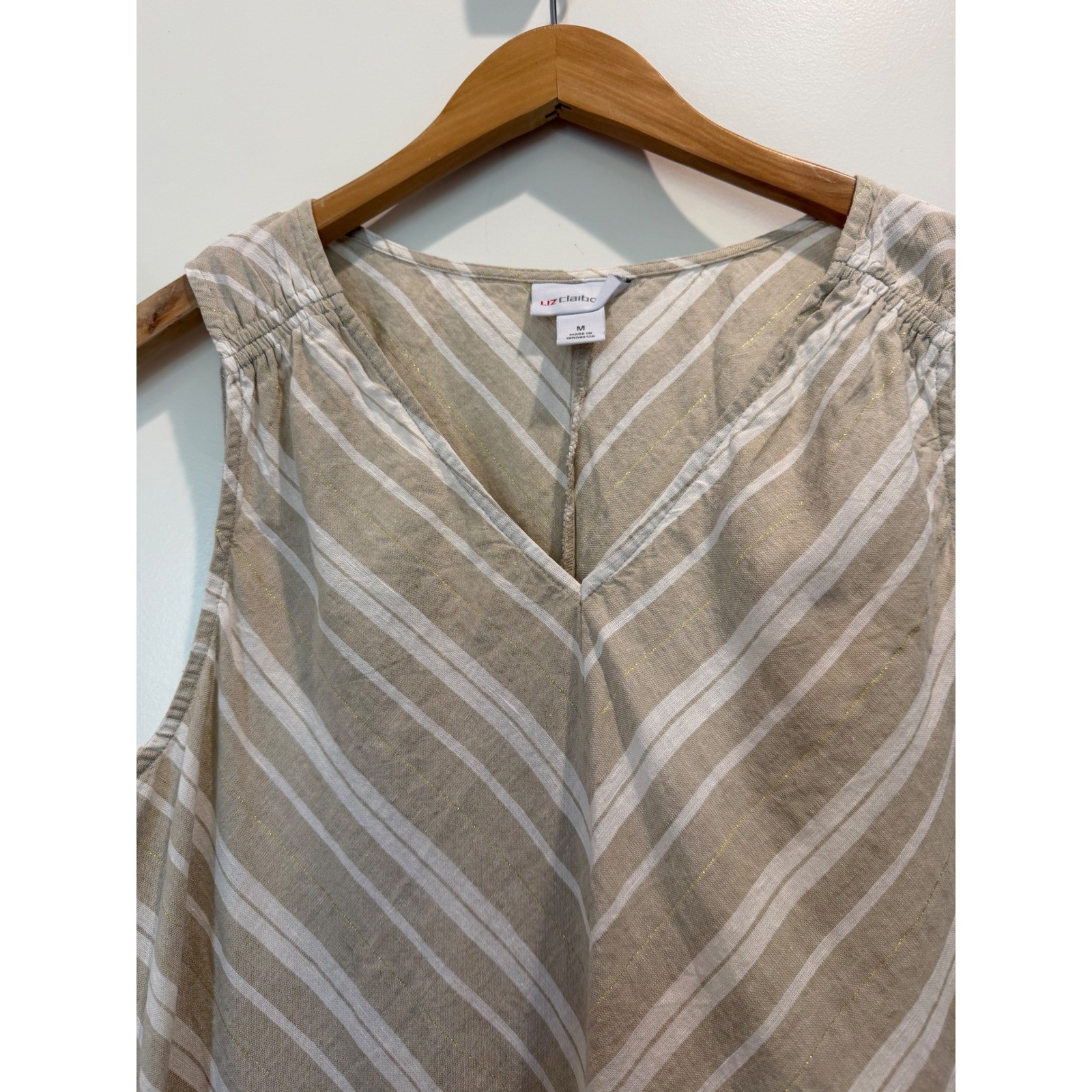Liz Claiborne Linen Blend Striped V-Neck Shift Dress Tan Gold Metallic Women M