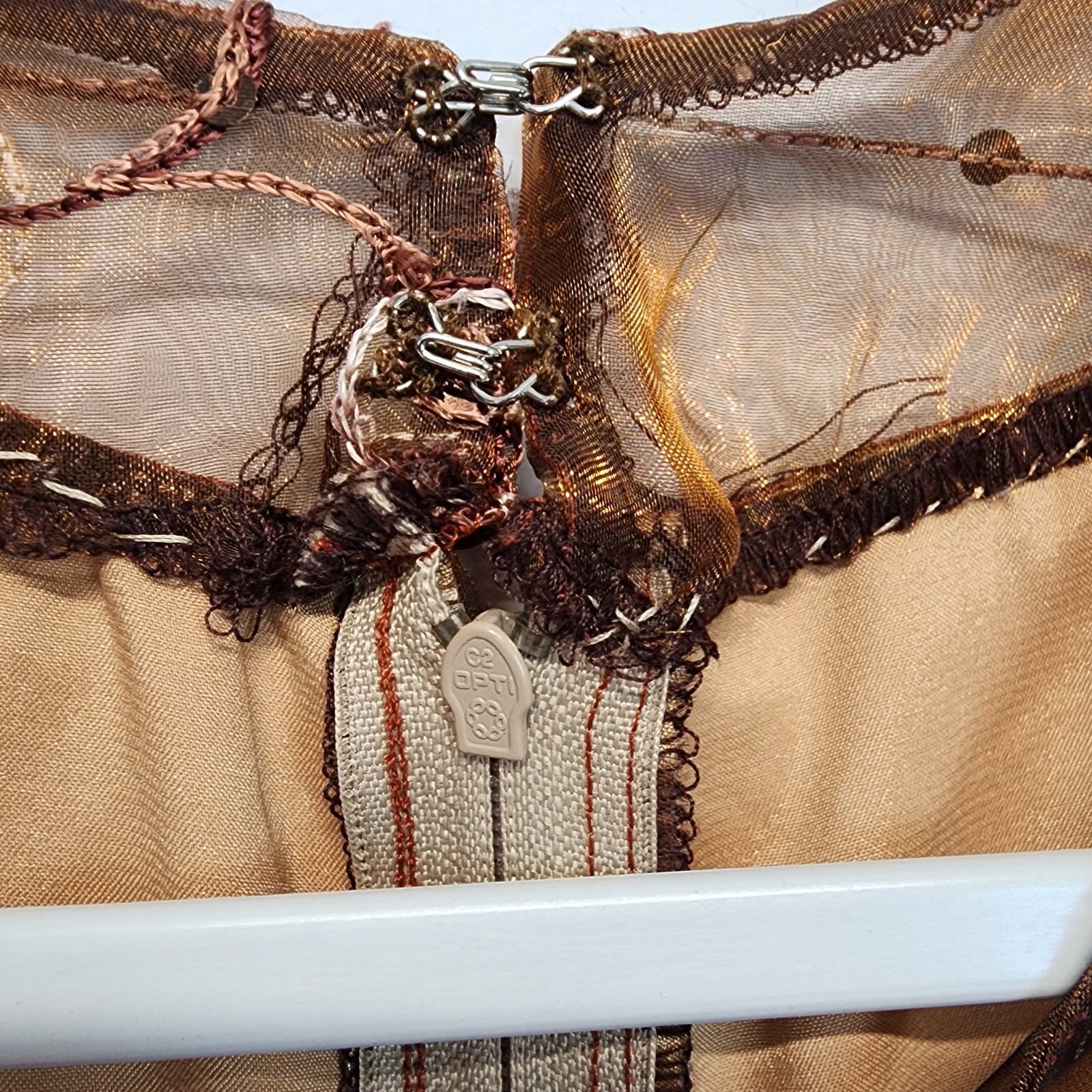 Embroidered Regency Floor Length Dress Size L Brown Damask Taffeta Sheer Whimsy