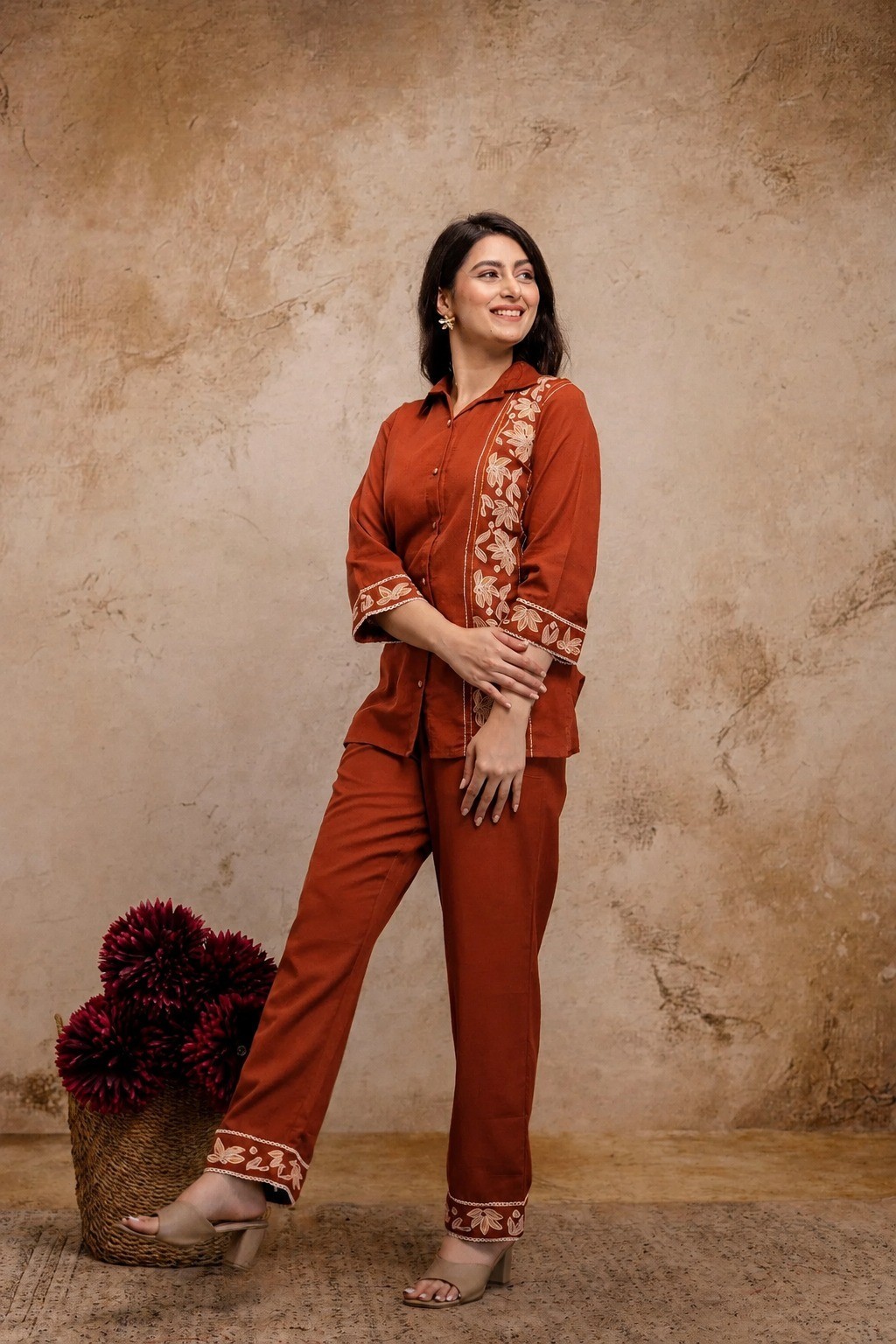 Women Rust Cotton Flex Co-Ord Set Embroidered Top Pant Set Casual ,Travel Wear