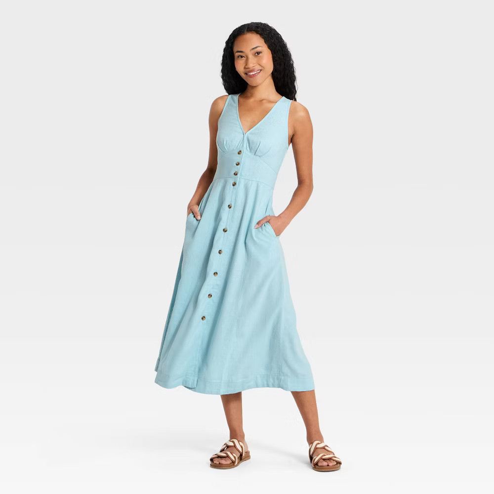 Women Woven Button-Front Midi Sundress – Universal Thread Light Blue M