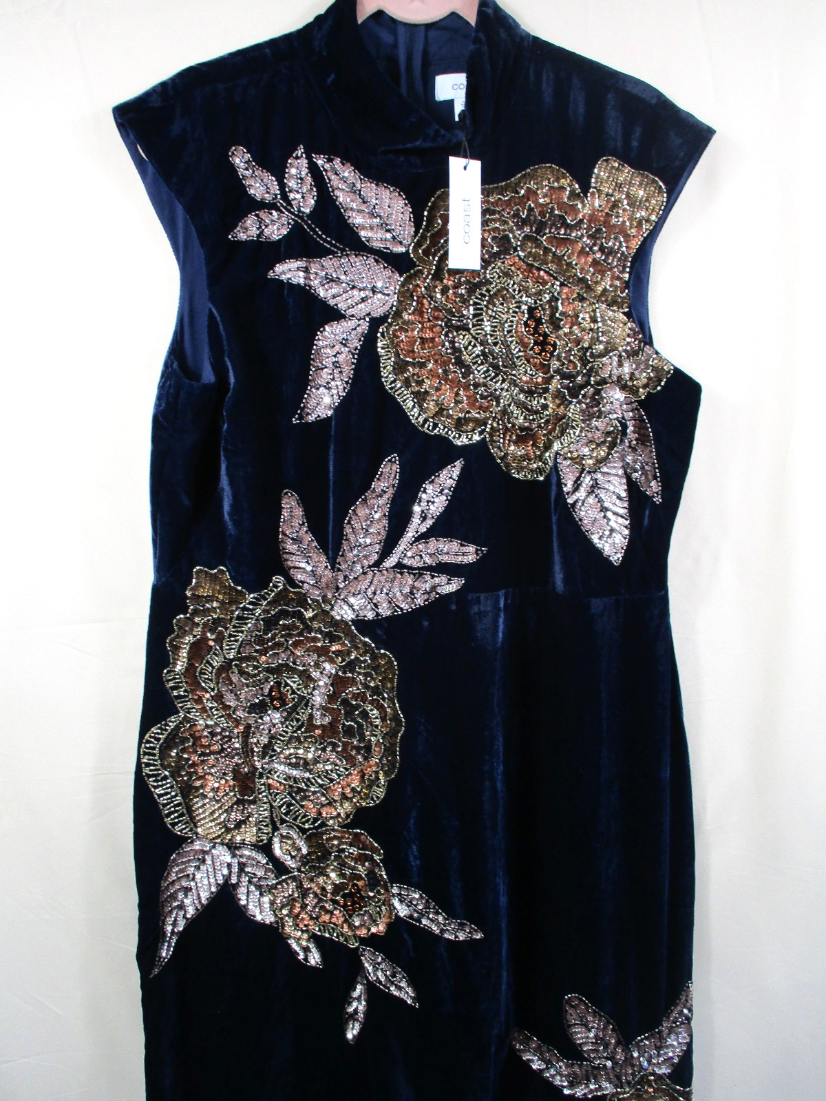 -NWT Coast Large Scale Embellished Floral Velvet Midi Dress Sequin Navy Sz 14