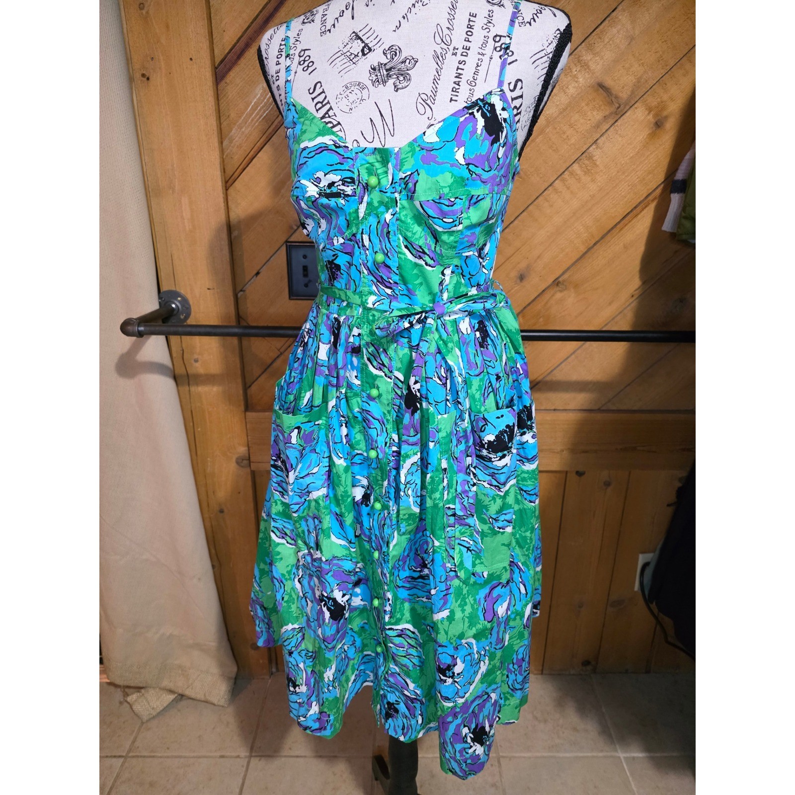 Plenty by Tracy Reese Floral Midi Dress Blue Green Purple Button Front Size 4