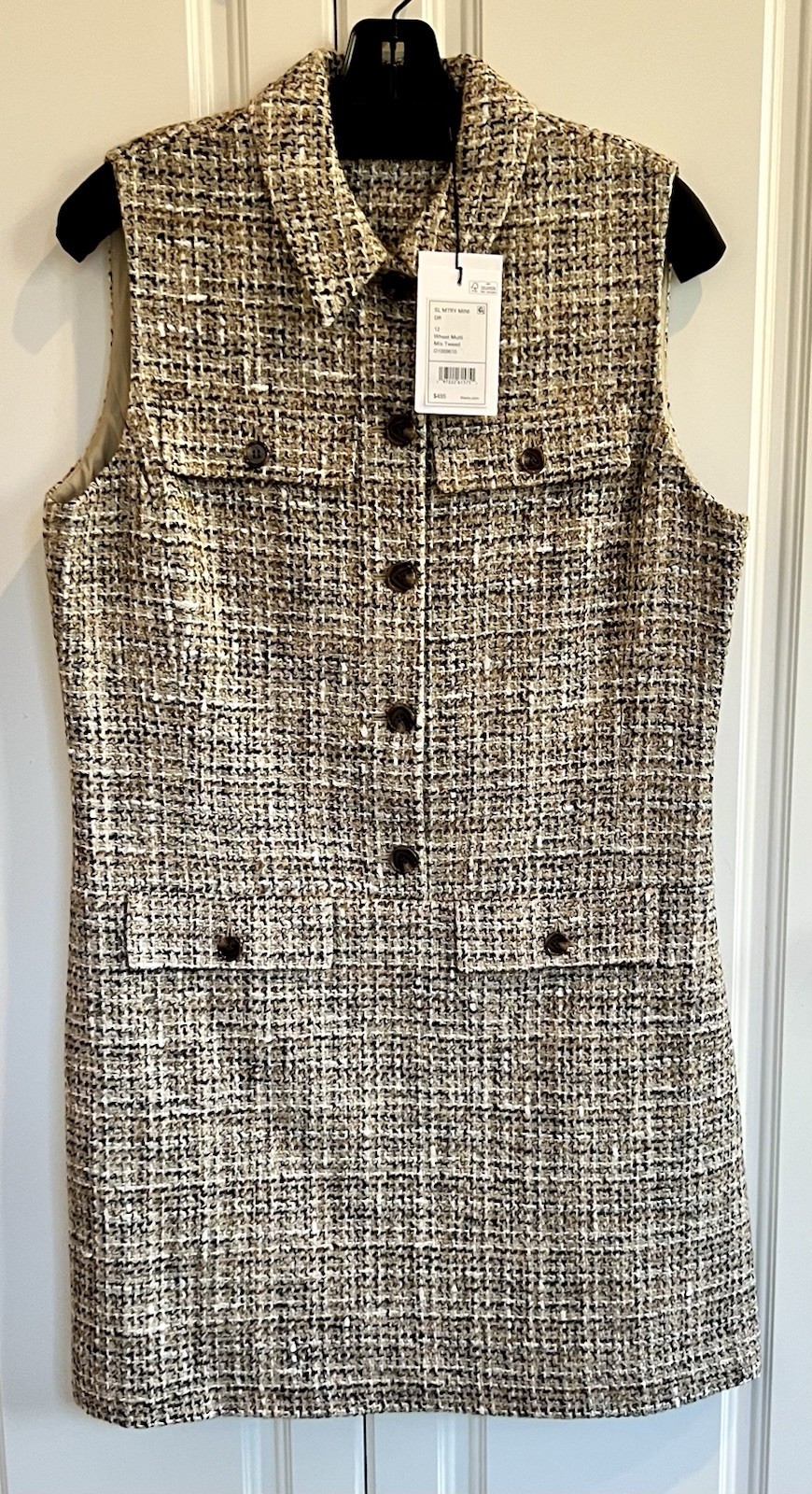 NWT Theory size 12 wheat multi sleeveless military mix tweed mini dress $495
