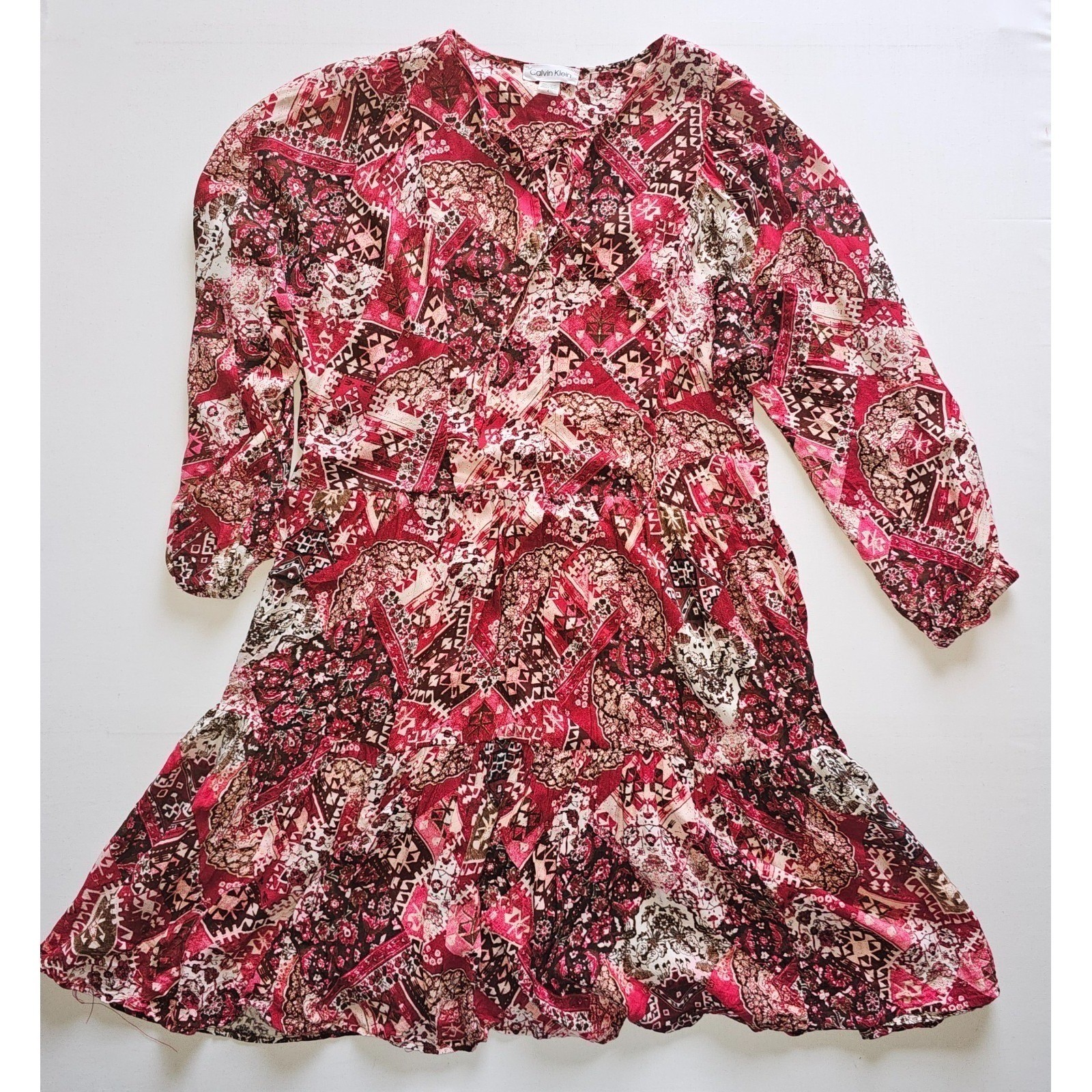 Calvin Klein Women’s Size 4 Boho Midi Dress 3/4 Sleeve Paisley Print Burgundy