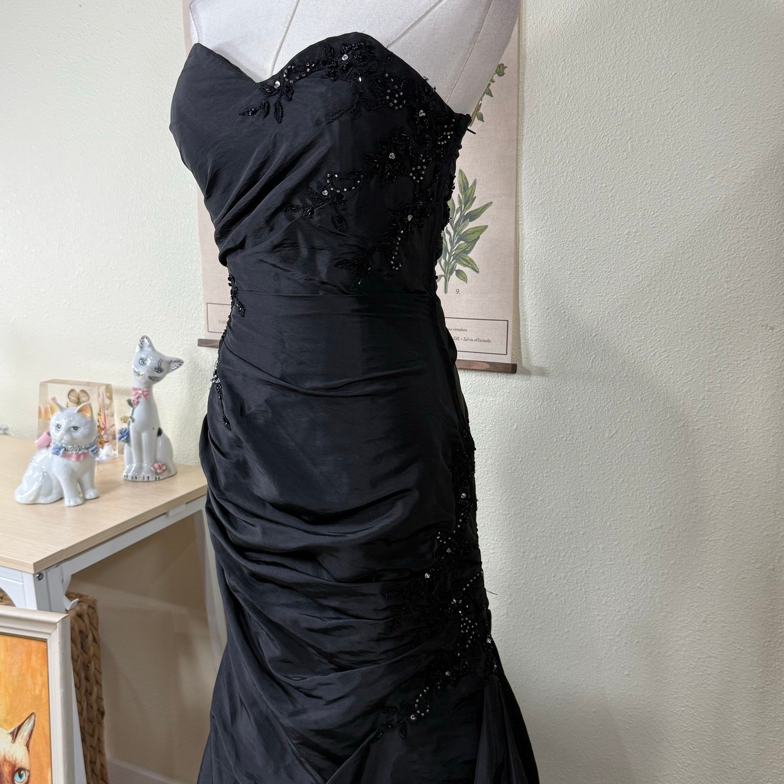 90s Y2k Beaded Floral Corset Back Ruched Formal Dress Romanitc Goth Sexy Glam XS