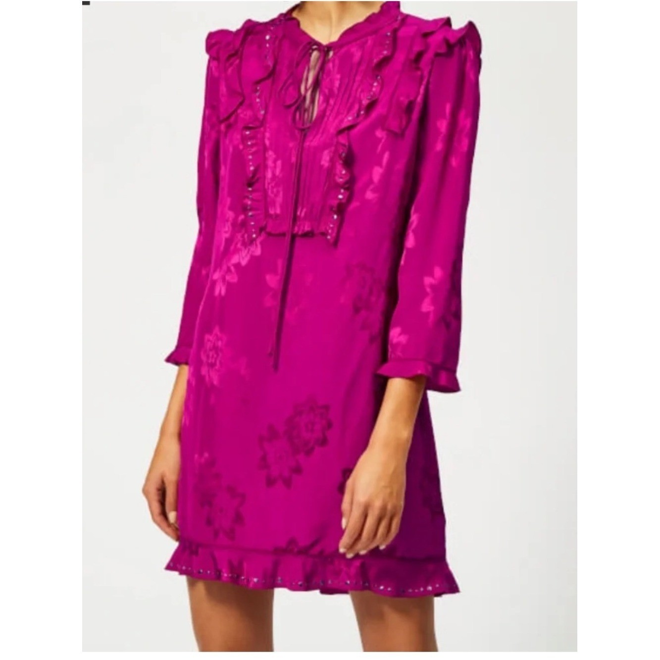 Coach Fuchsia Satin Floral Textured Peasant Dress Ruffles Designer SZ 0 NEW