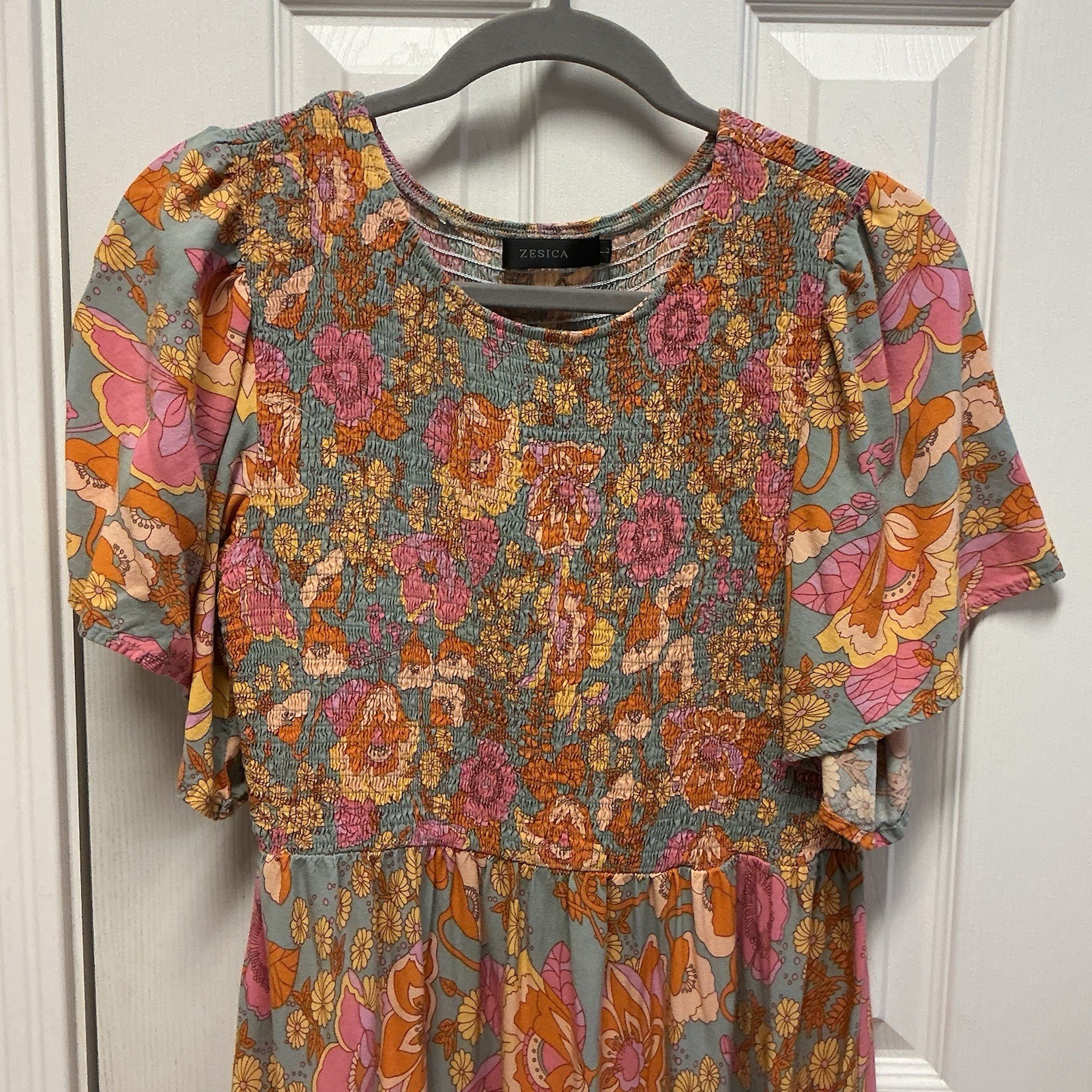 Zesica SZ L 70’s Retro Floral Smocked Bodice Maxi Dress Boho Bohemian Flutter