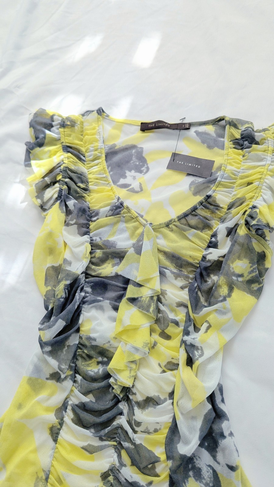 The Limited Yellow Gray White Floral Ruched Ruffle Mesh Bodycon Mini Dress S