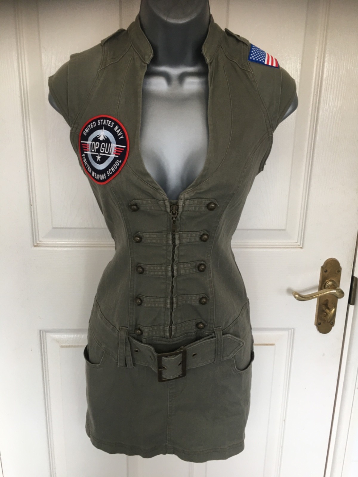 Gorgeous Jane Norman vintage Y2K khaki green belted military mini dress 12(8-10)