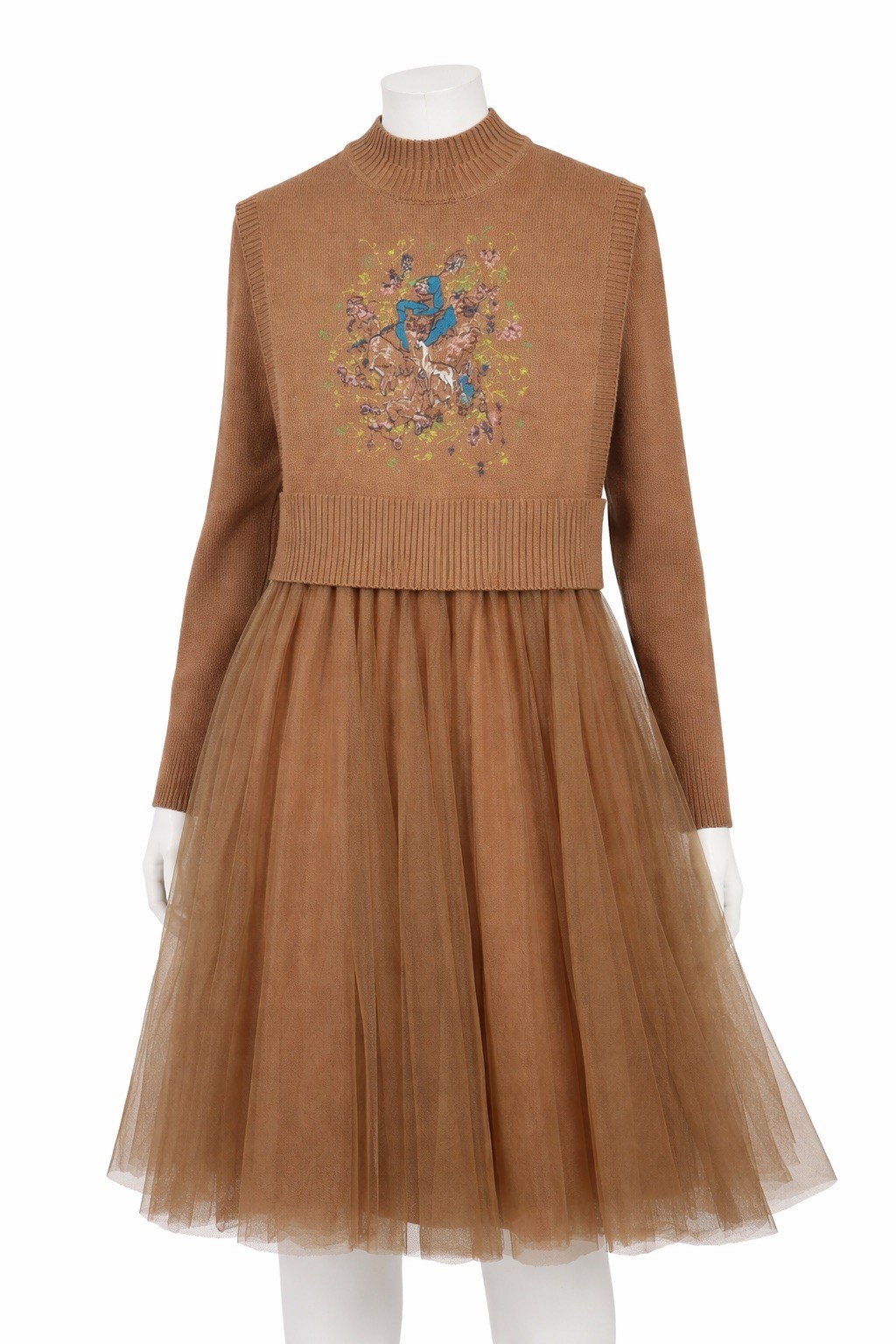 Two-Piece Brown Knit & Tulle Dress Set – New, Size M