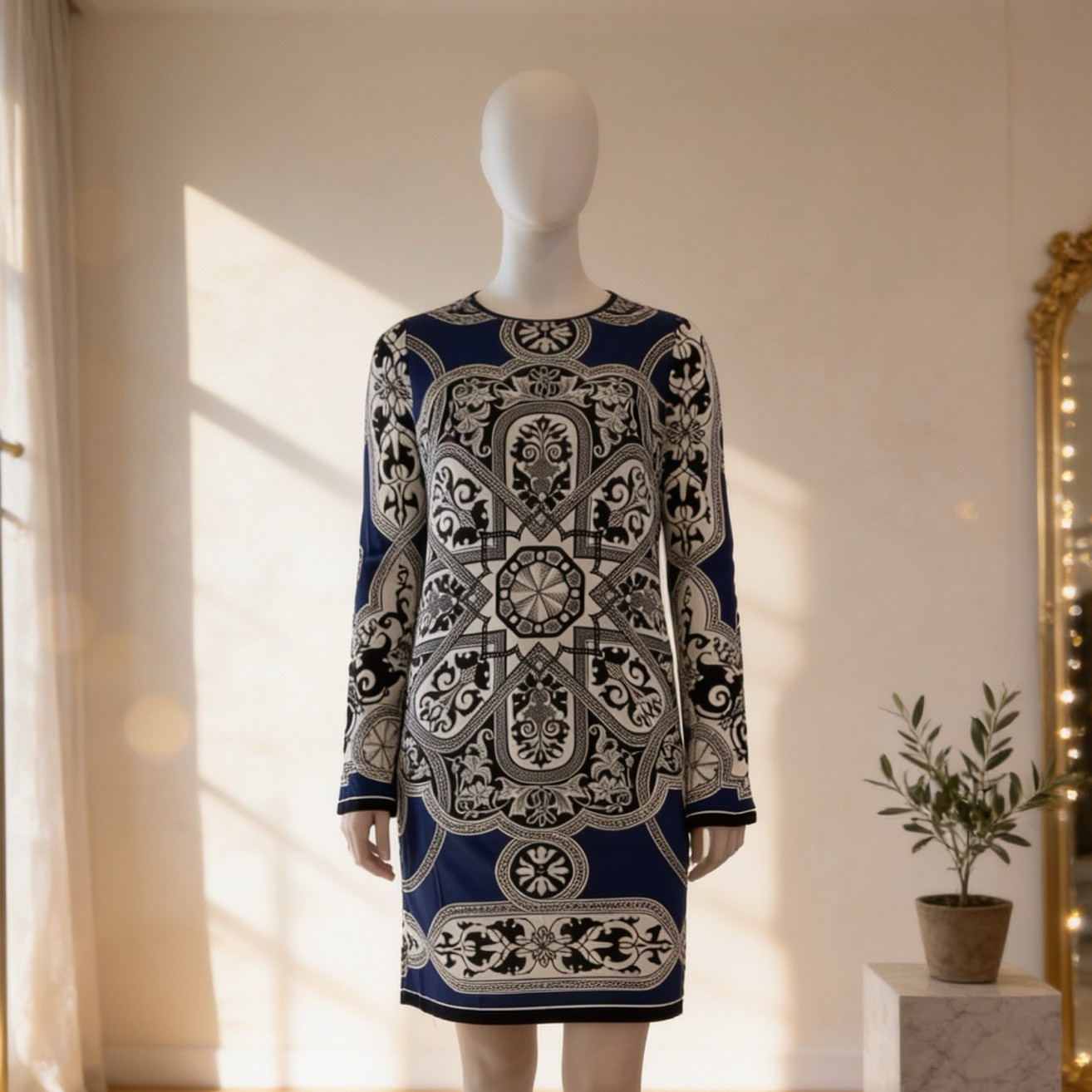 Women’s Geometric Shift Dress M Blue White Black Short Crew Neck Long Sleeve