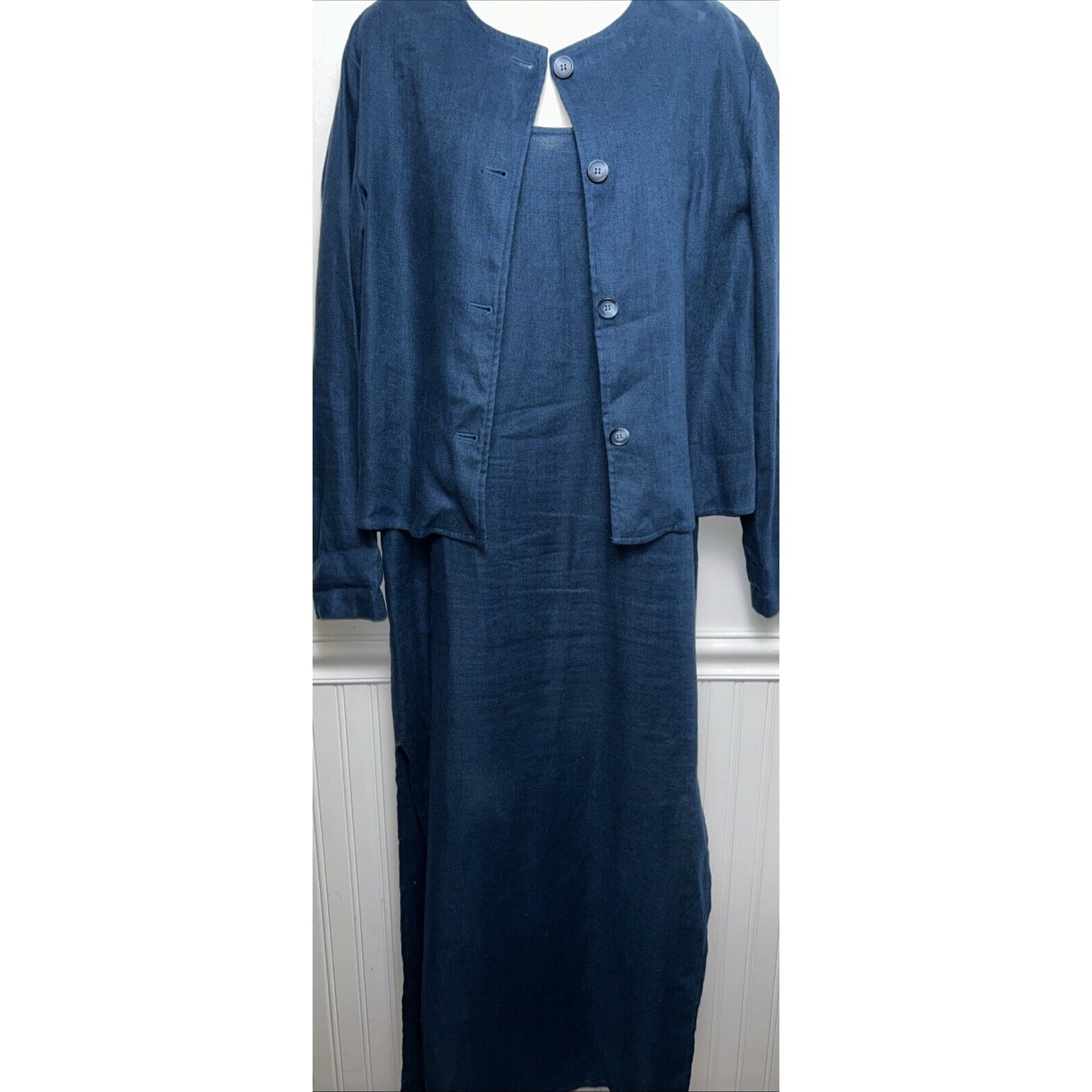 Vintage Finity 100% Linen L/S Jacket + Tank Dress 12 Lagenlook Blue Minimalist