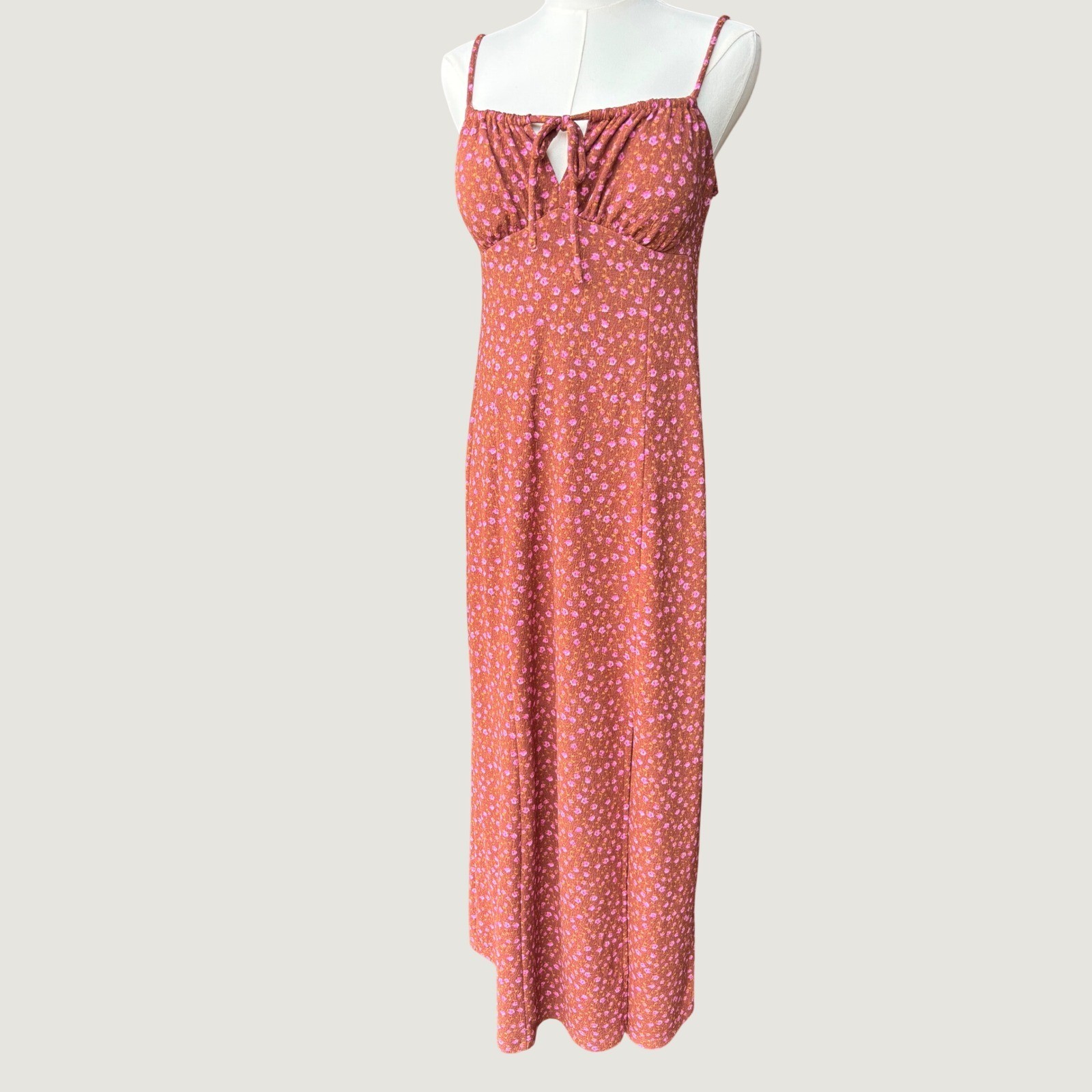 Rust Brown Pink Floral Keyhole Tie Front Maxi Slip Dress womens small y2k boho