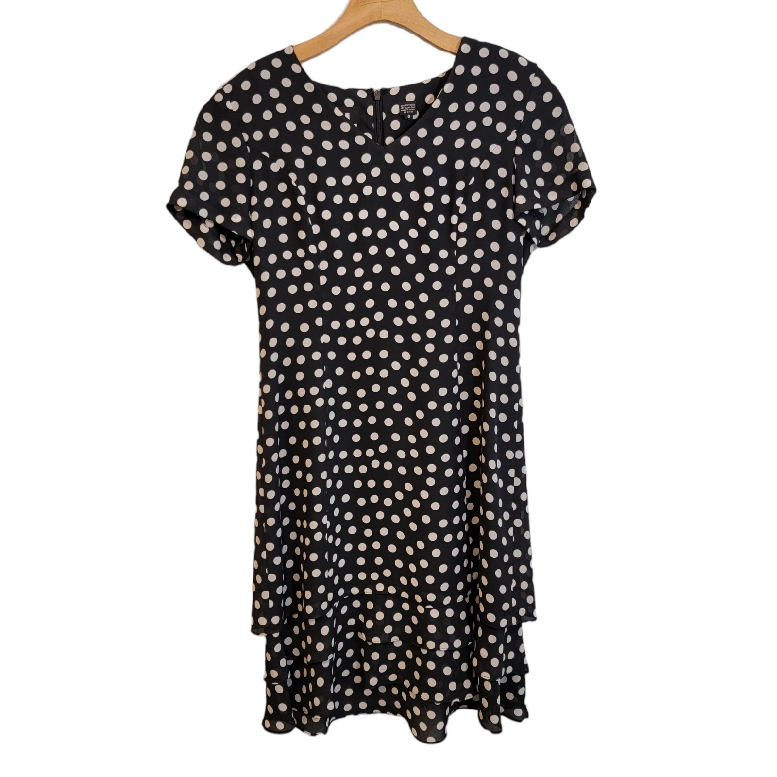 Vintage YL by Yair Dress Black Polka Dot Short Sleeve Midi Dress Size 8