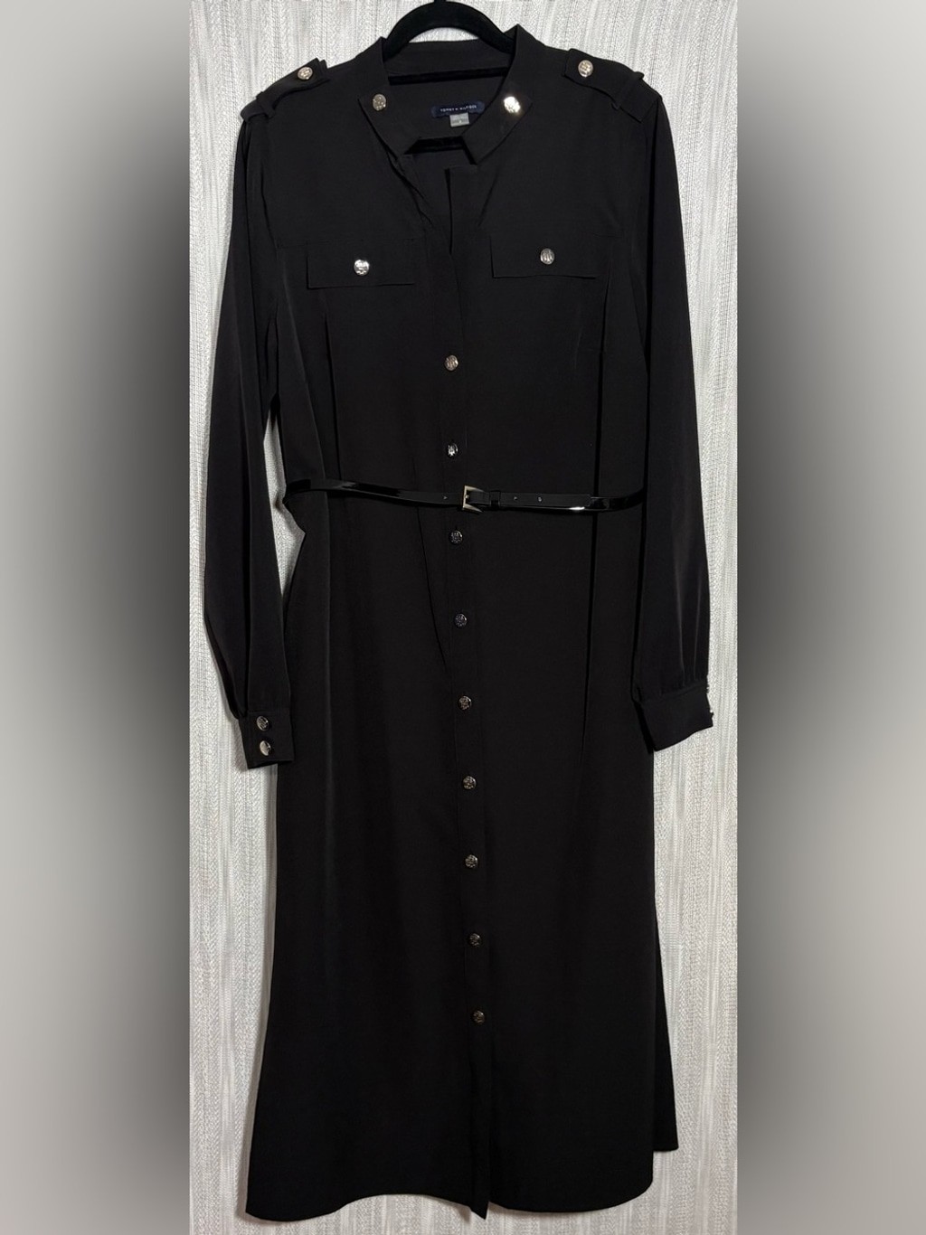 Tommy Hilfiger Black Long-Sleeve Button Shirt Dress with Belt