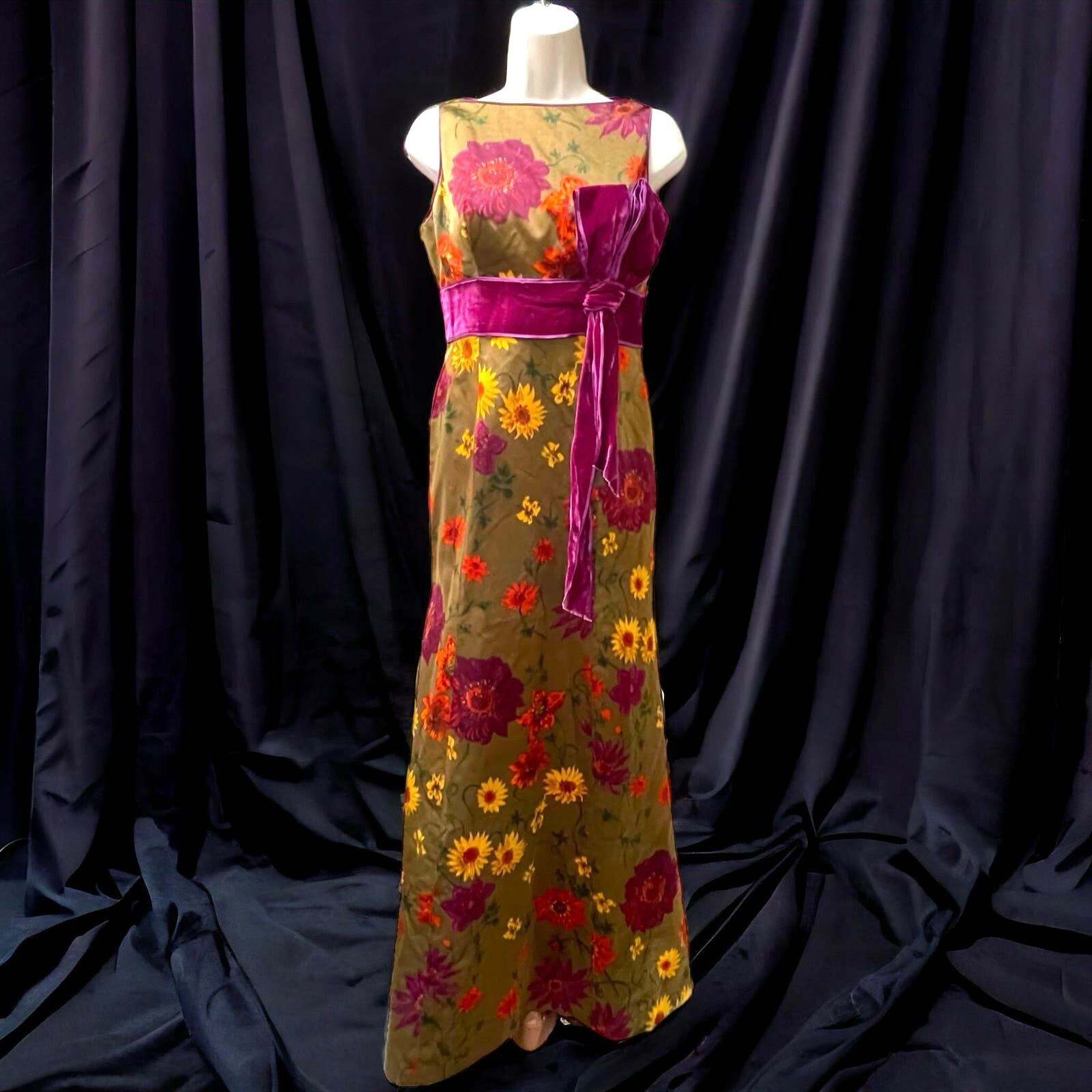 Watercolor Daisy Print Brown Mermaid Silk Gown Fuchsia Velvet Vertical Bow Ooak