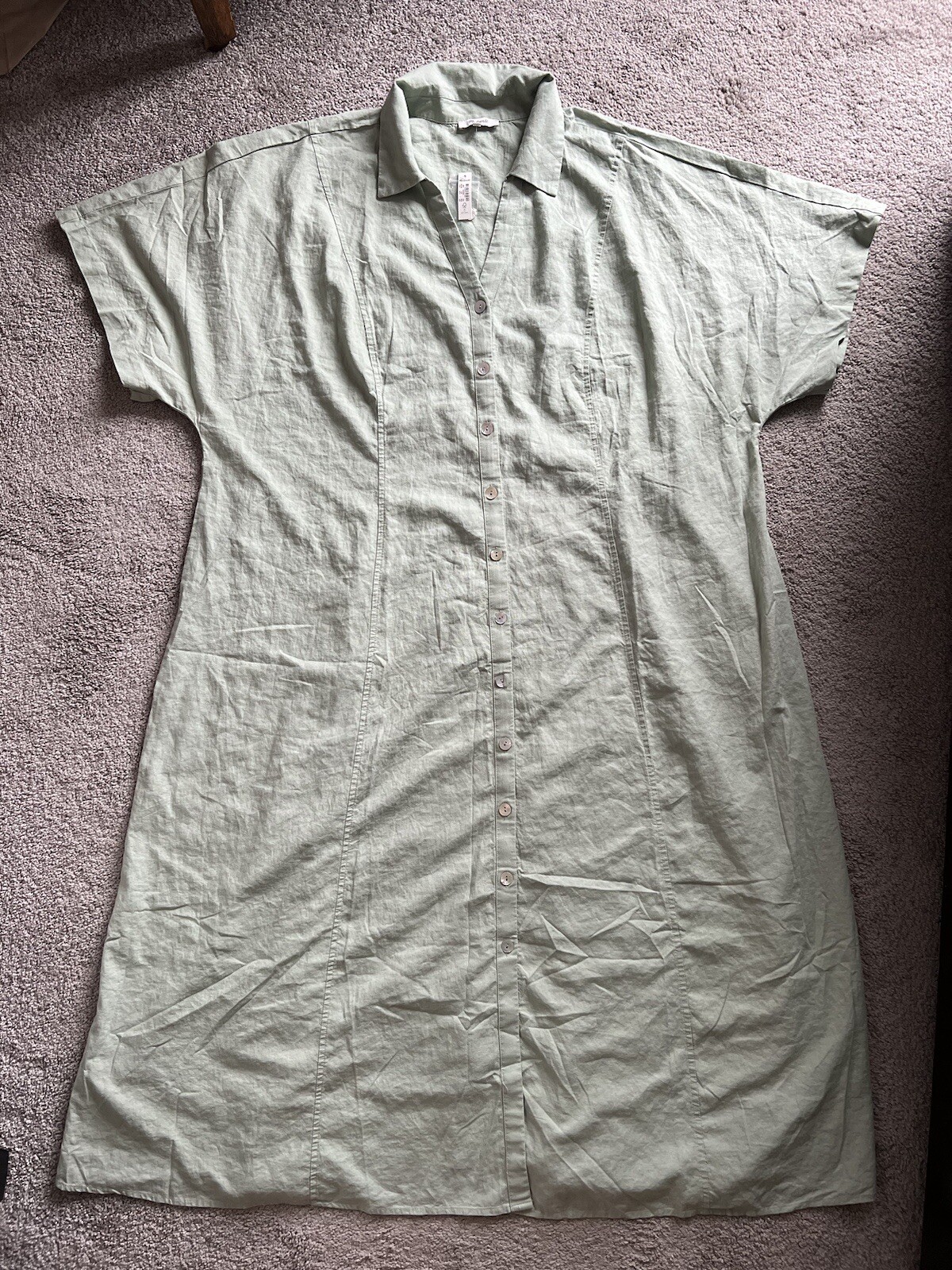 Madewell Short-Sleeve Button-Front Midi Shirtdress Dress 28W Linen Mint NP358