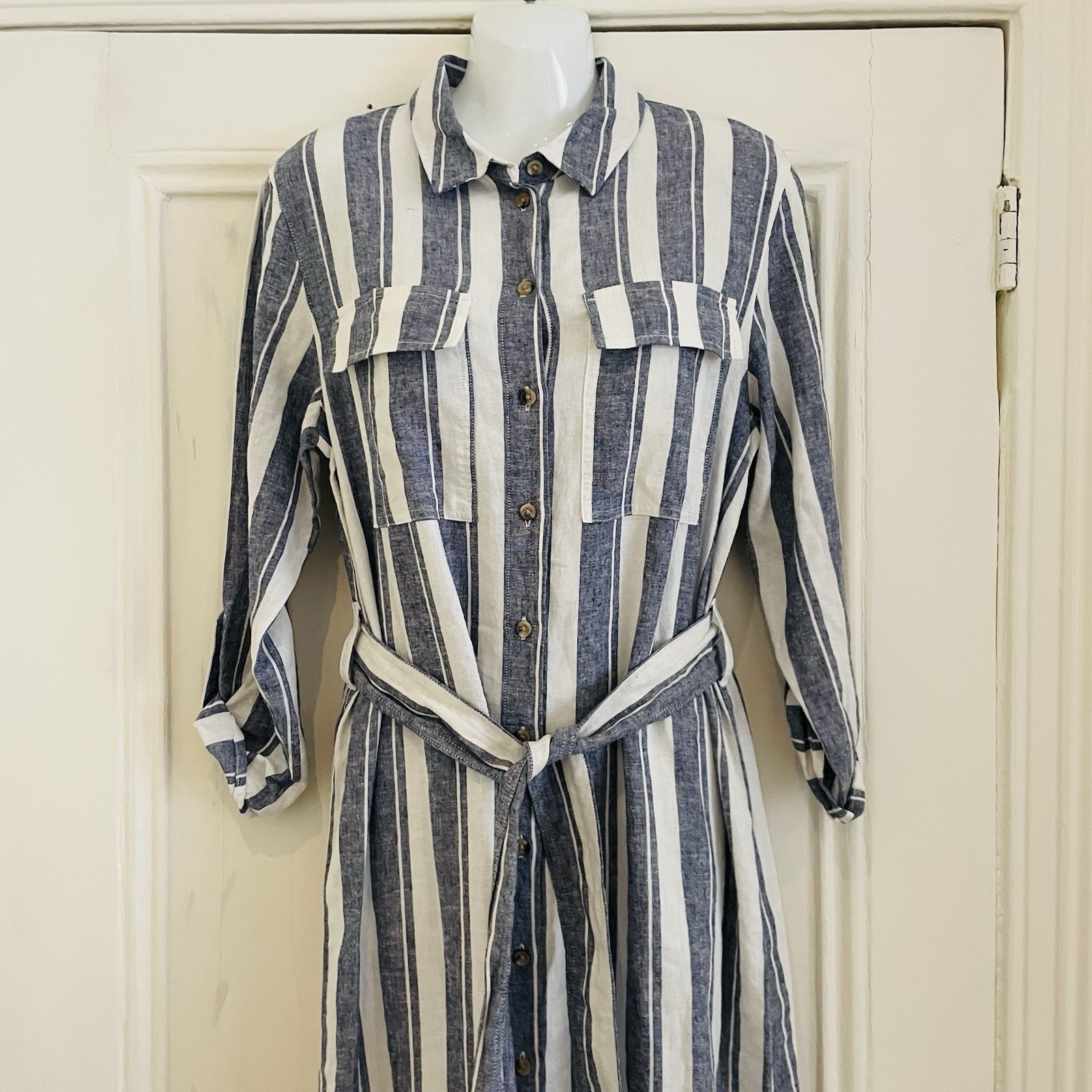F&F Blue White Stripe Linen Rich Shirt Dress – Size 10 – Belted