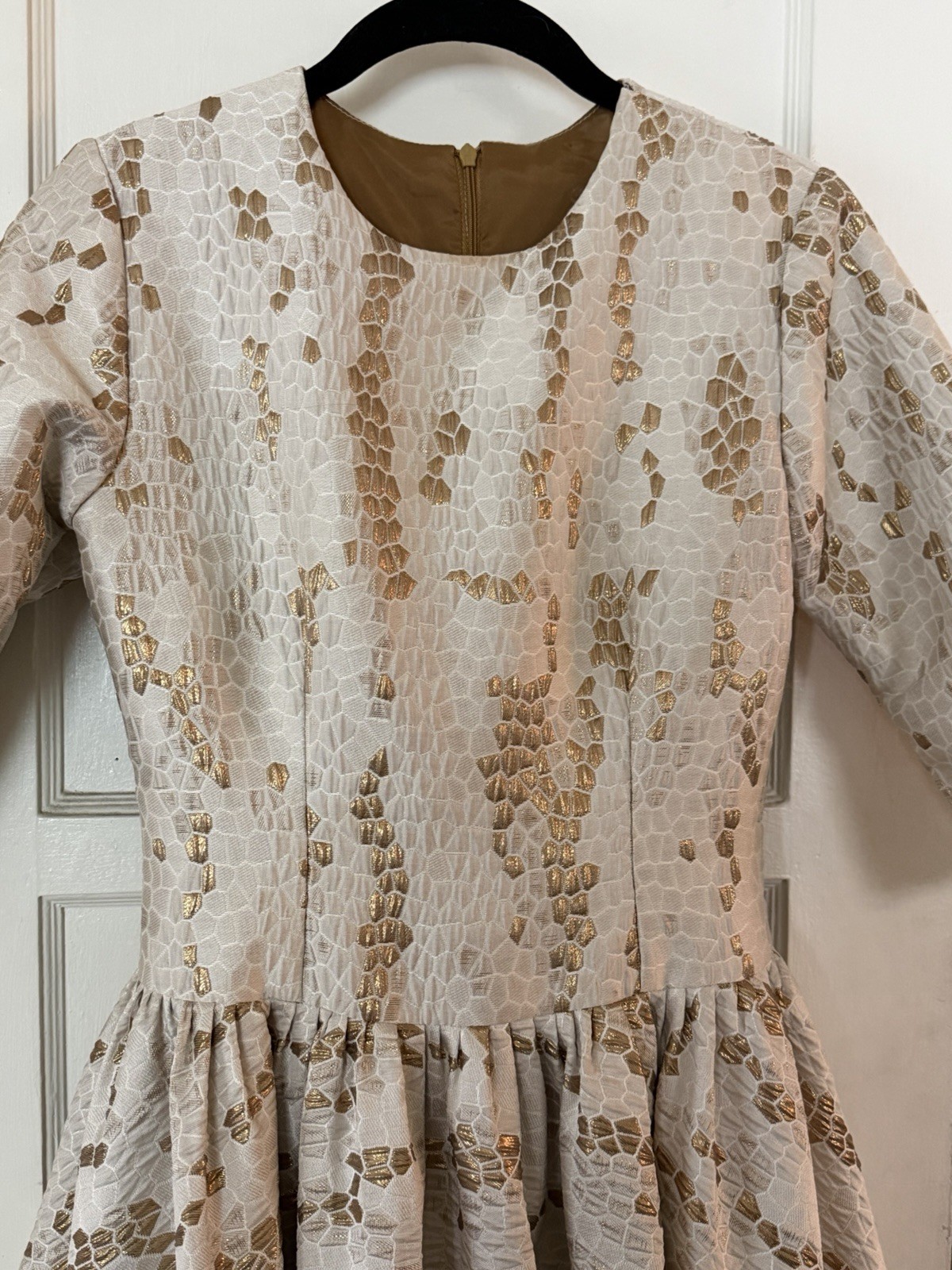 Ivory Gold Jacquard Geometric Fit & Flare Knee Dress 3/4 Sleeve Size S