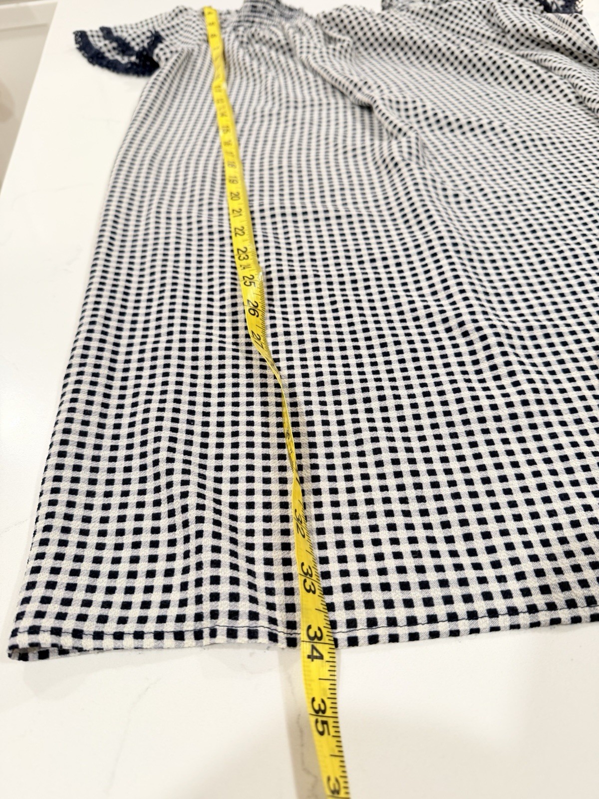Off Shoulder Blue/White Check Smocked Lace Shift Dress Square Neck Cap Sleeve XL