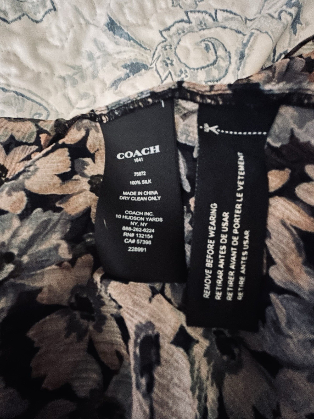 Coach 0 Silk Chiffon Floral Black/Blue/Beige V-Neck Short Sleeve Midi Ruffle