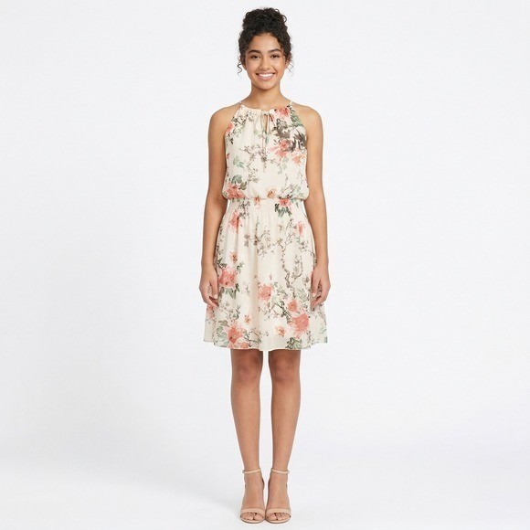 Sweet Storm Floral Halter Dress Cream Pink Smocked Waist Large Wedding Guest