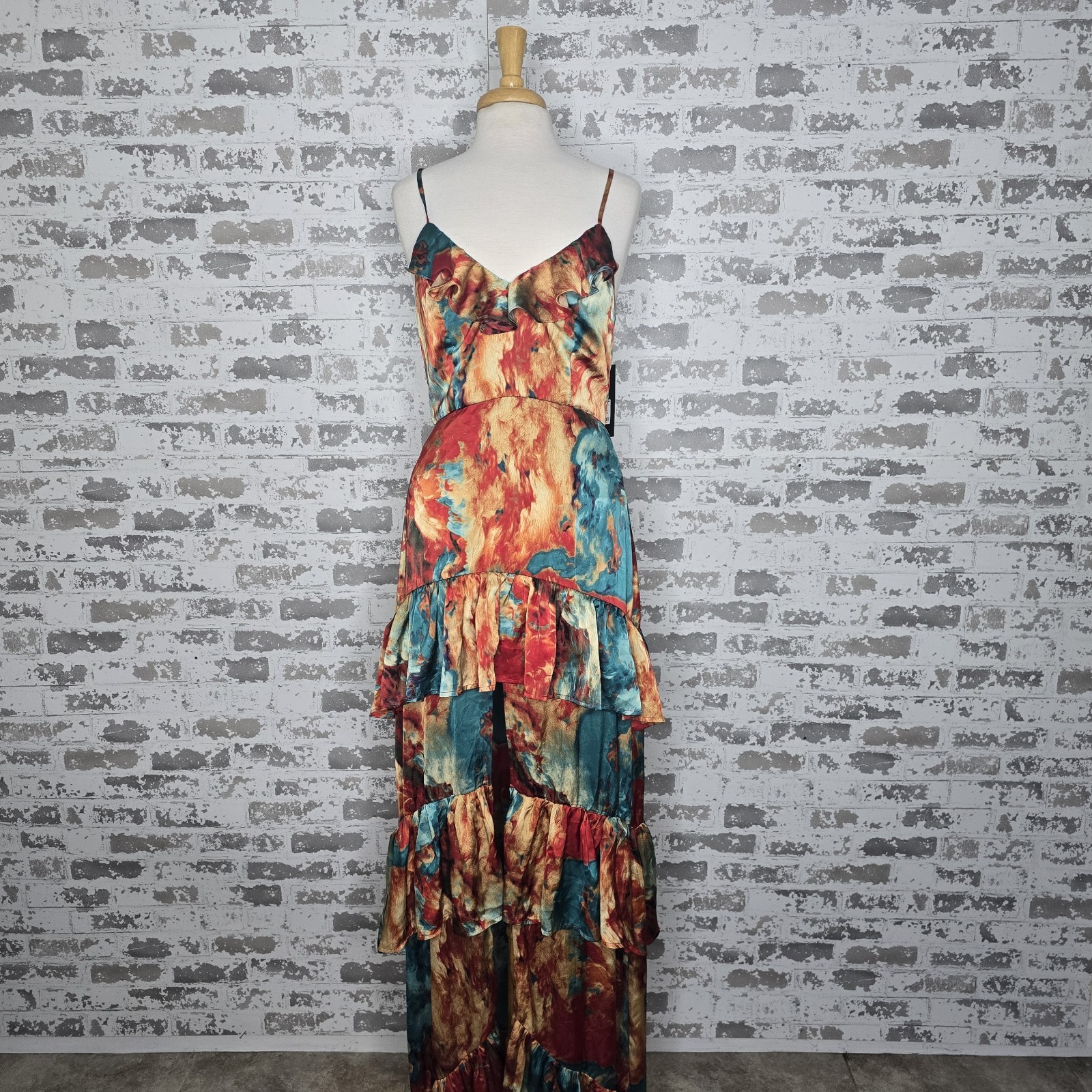 NEW FashionNova Clara Maxi Ruffle Dress Teal/Combo Open Front Tropical Size Med