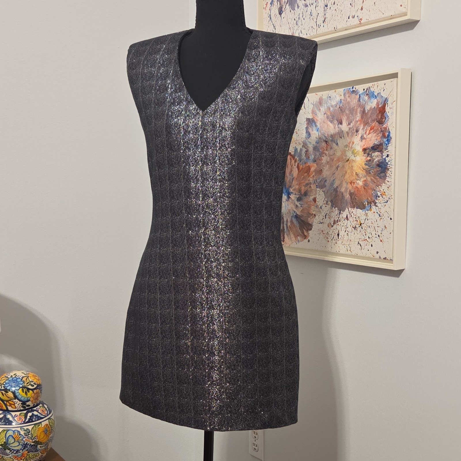 Berenice Metallic Geometric Sheath Dress Black Silver Sleeveless V-Neck S