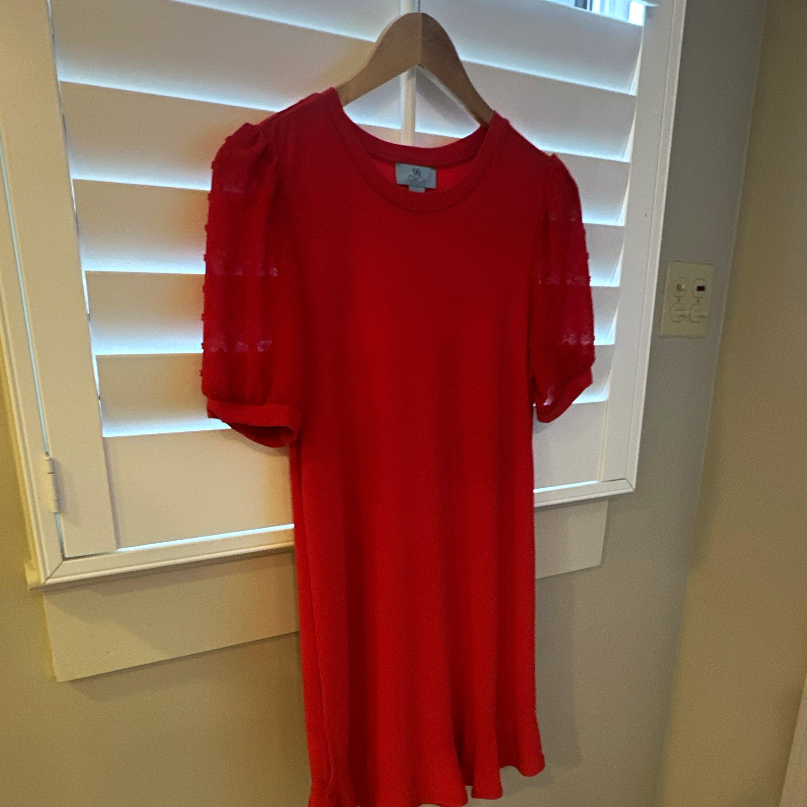 CeCe Women’s Red Textured Knit Shift Dress Puff Short Sleeve Knee Length S