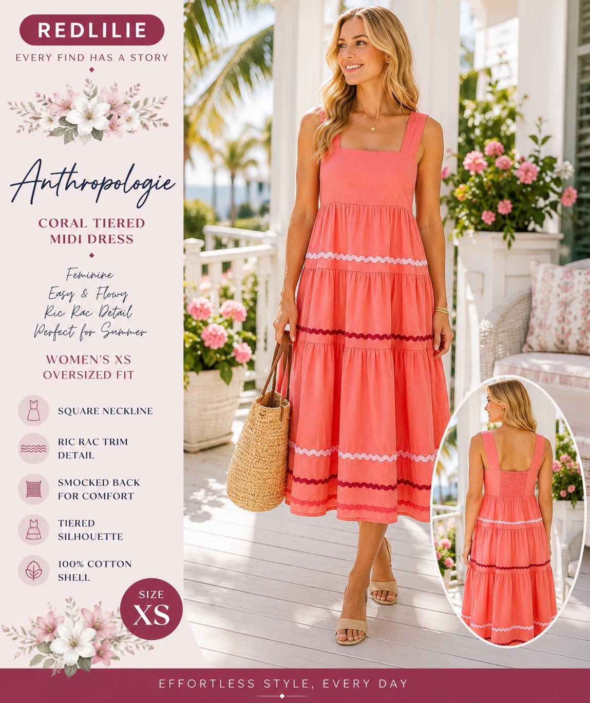 Anthropologie Coral Tiered Midi Dress Size XS Ric Rac Trim NWT! P2P 16.5”
