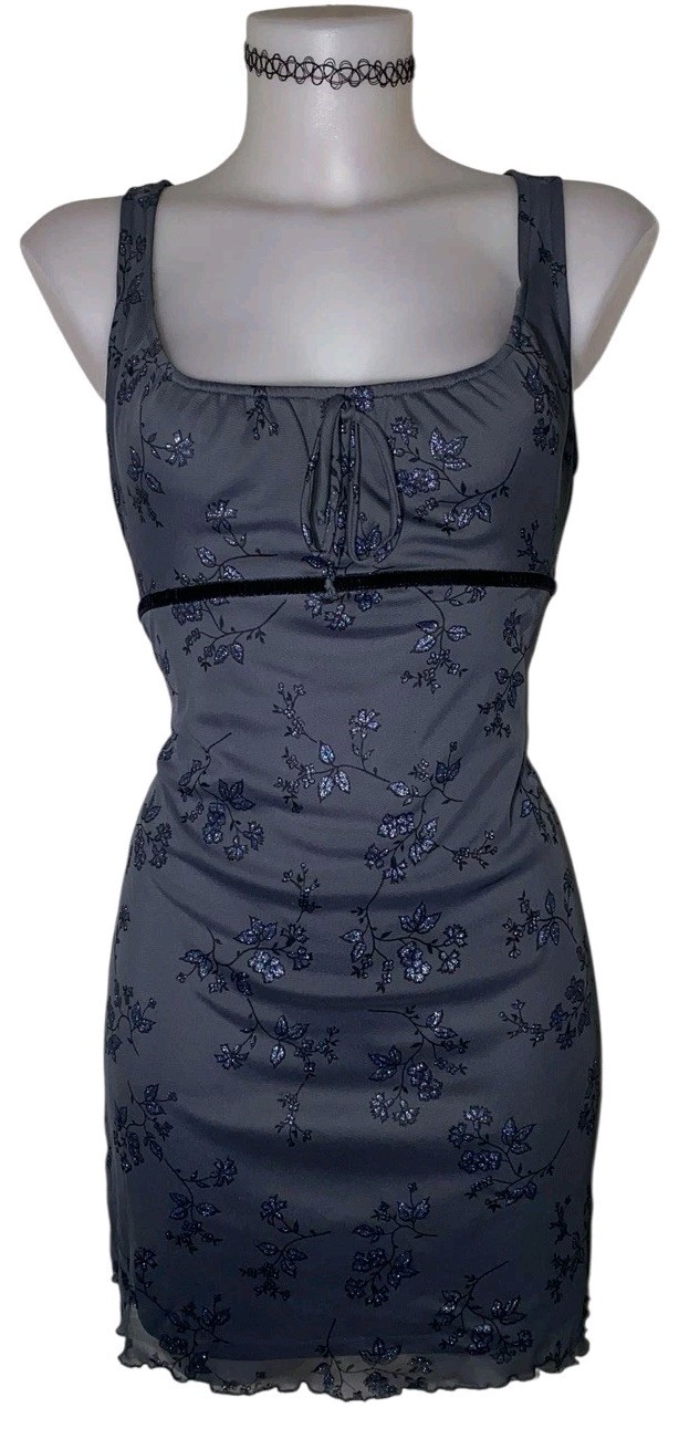 90s Womens Gray Floral Slip Dress Sz M Glitter Babydoll Witchy Grunge Dark Goth