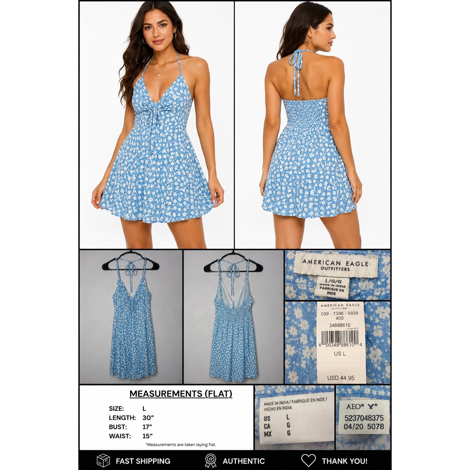 American Eagle Blue Floral Halter Mini Dress Women’s Large Boho Tie Back NWT